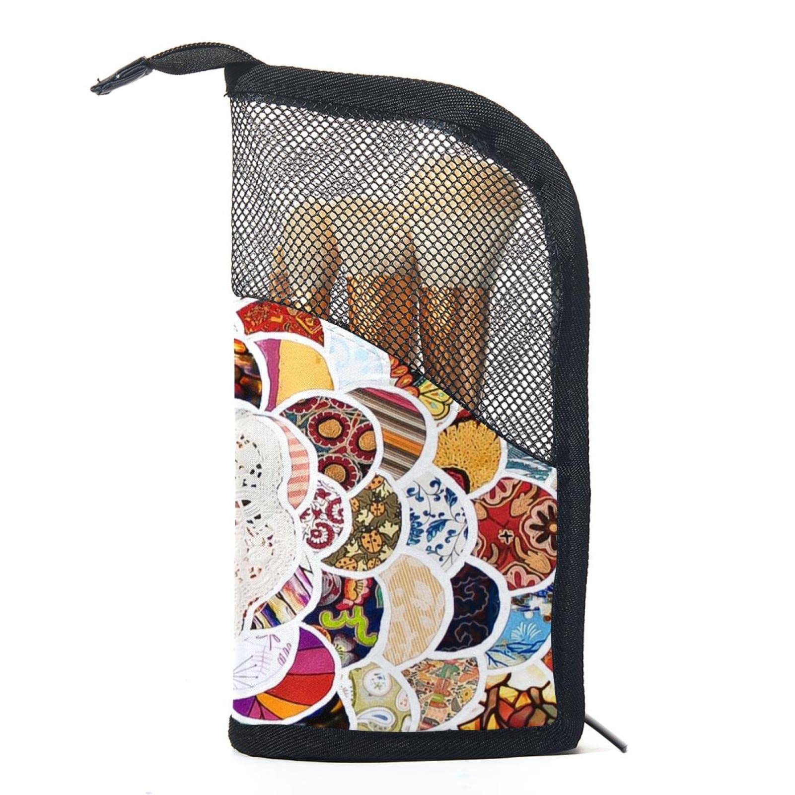 Premium Makeup Brush Organizer Bag with 12 Brushes - Abstract Mandala Flower Design - Portable Cosmetic Brush Holder Case for Travel, Home Vanity & Professional Makeup Artists
