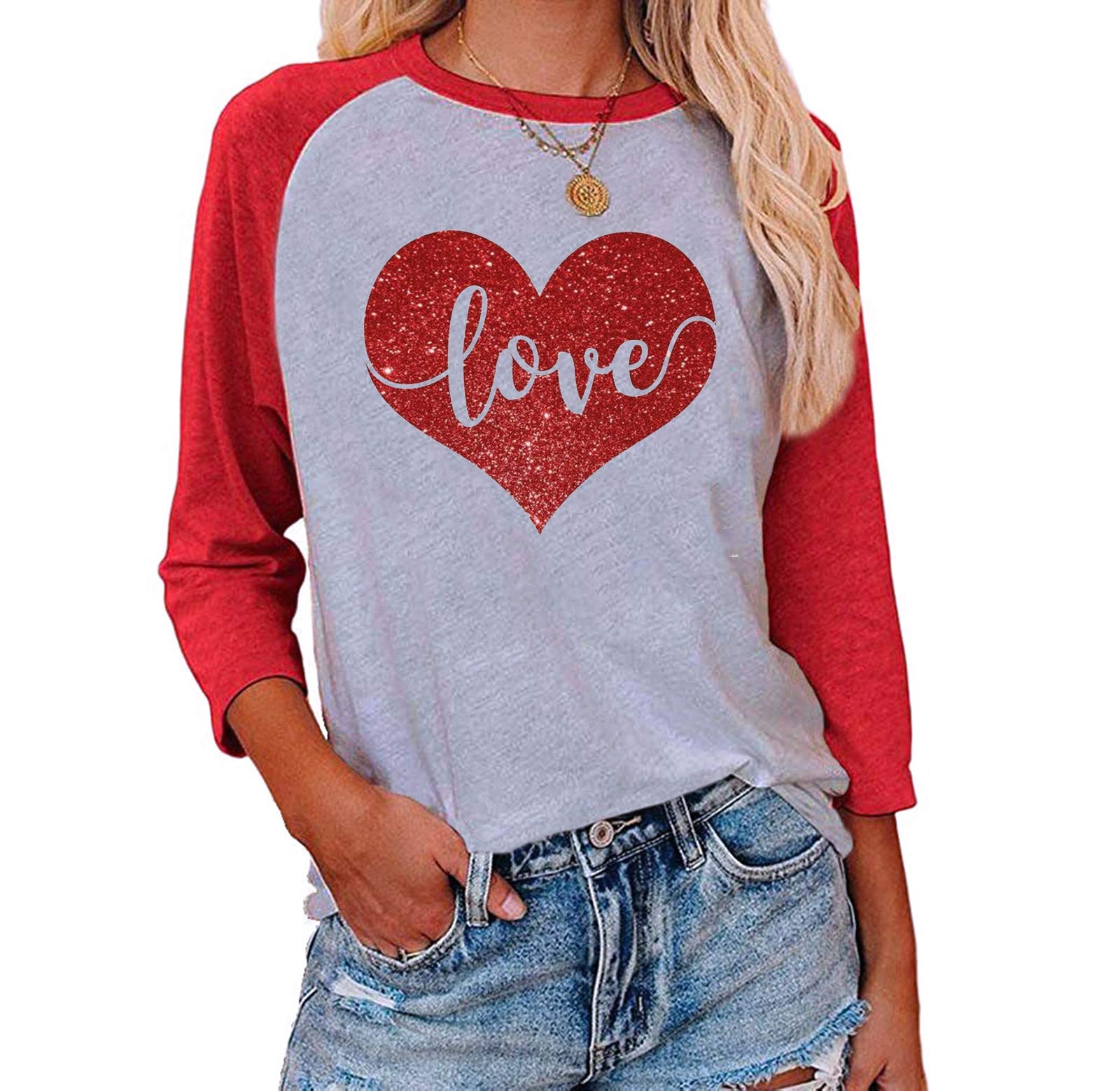 Valentine's Day Shirts for Women - Cute Glitter Heart Graphic Tee Long Sleeve Tops | Casual Valentine's Day Outfit for Date Night & Gift Giving