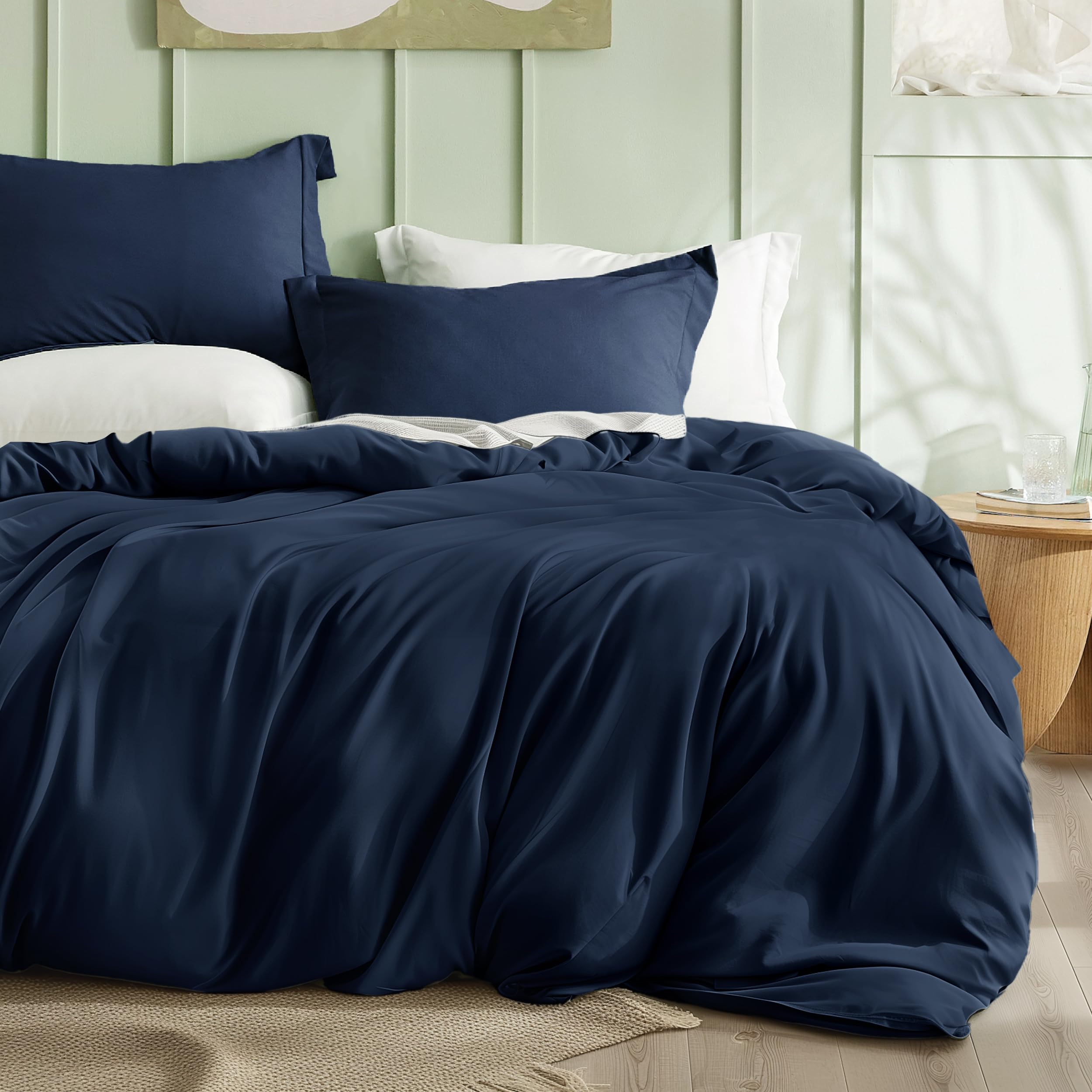 Bedsure Cooling Queen Duvet Cover Set - 3 Piece Navy Blue Bamboo Rayon Blend Bedding with Zipper Closure (90x90 Inches) & 2 Pillow Shams - Breathable Soft Comforter Cover for Hot Sleepers - Perfect for Summer Nights & Guest Bedrooms
