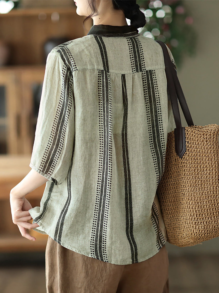Vintage Stripe Ramie Casual Summer Women's Shirt - Breathable & Lightweight Top for Beach, Travel & Everyday Wear