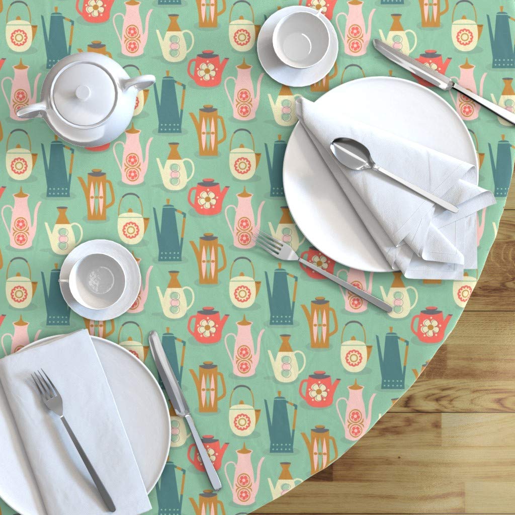 Vintage 1960s Teapot Print Cotton Sateen Tablecloth - 70