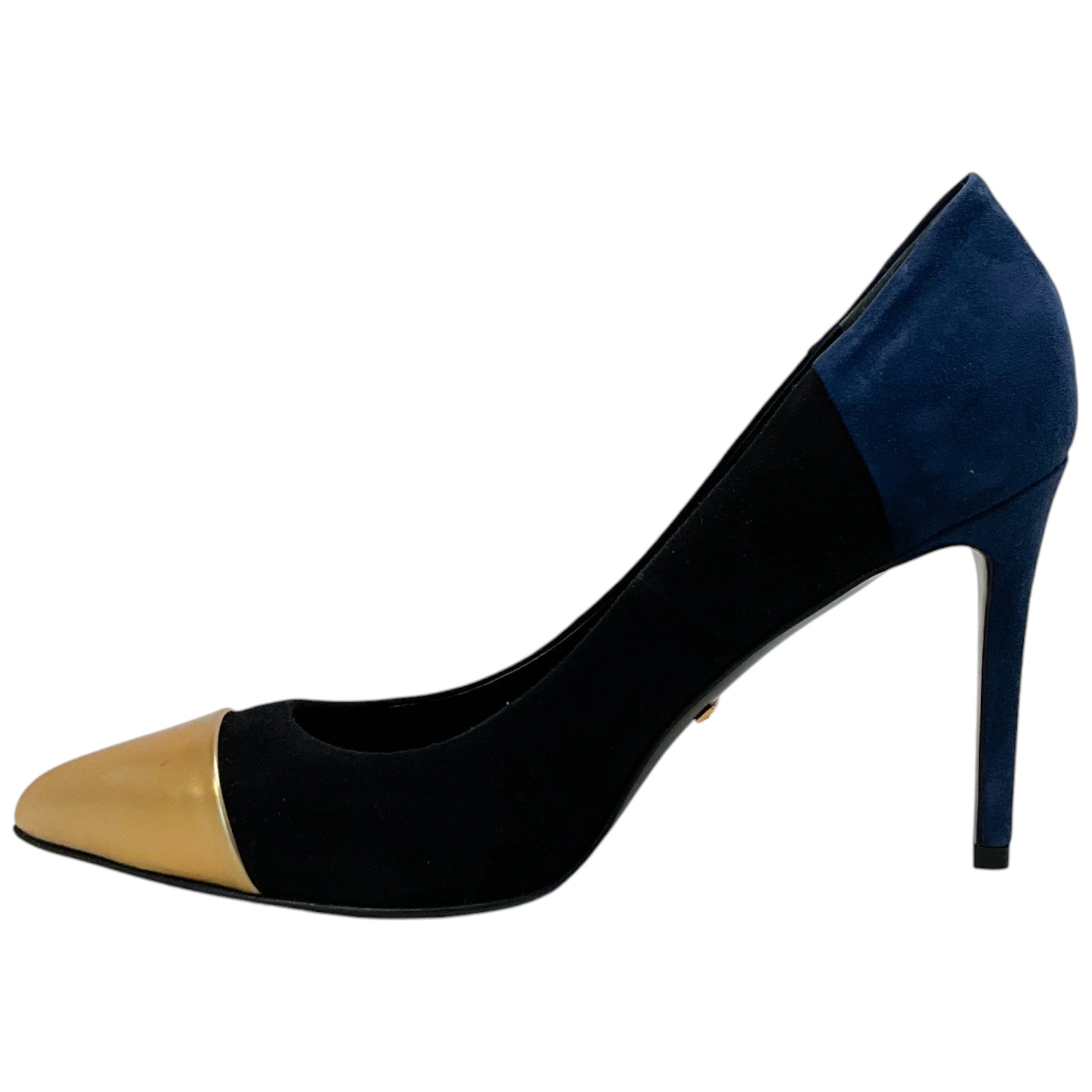 Gucci Black & Navy Suede Pumps with Gold Leather Cap Toe - Women's Luxury Dress Shoes for Parties, Weddings & Formal Events