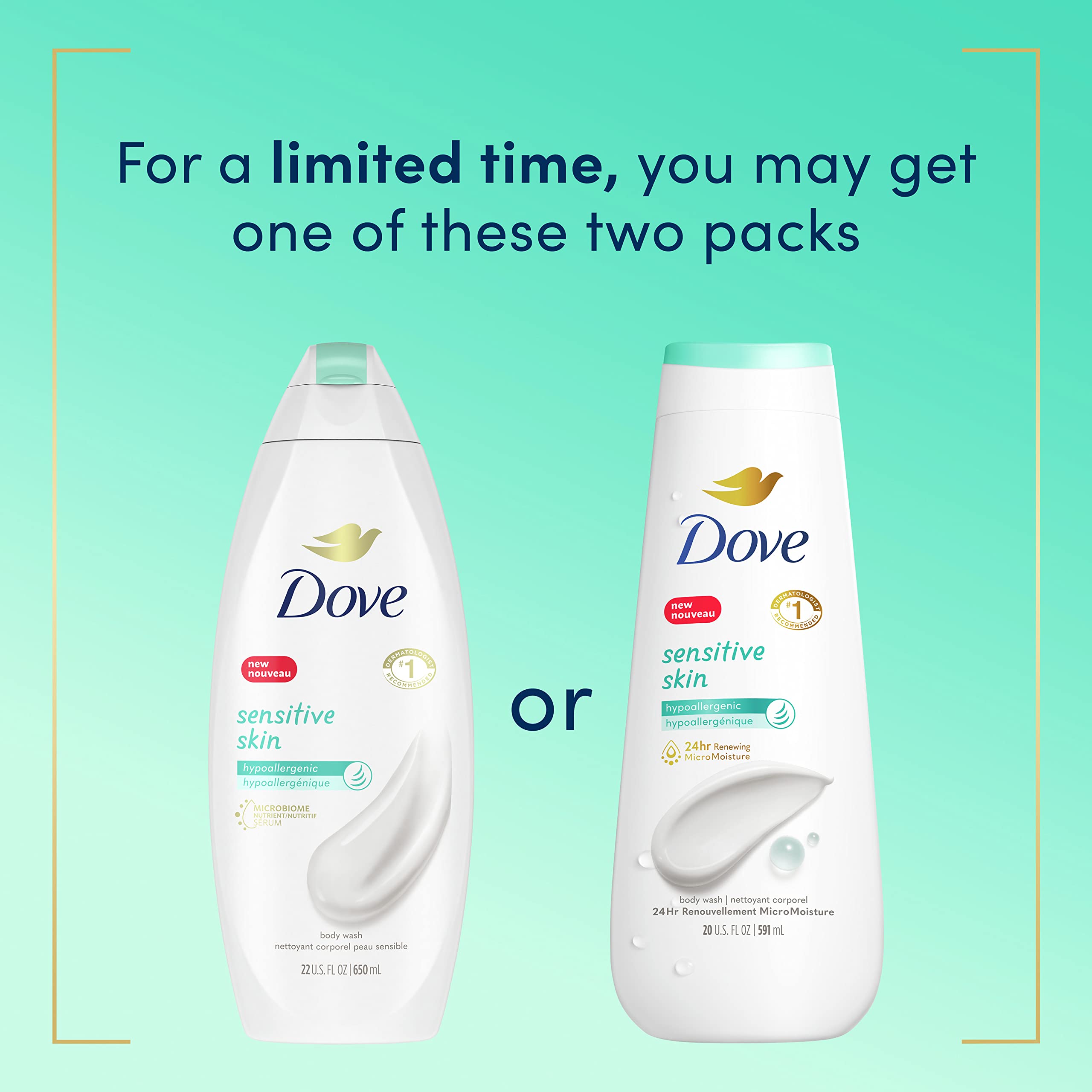 Dove Hypoallergenic Sulfate-Free Body Wash for Sensitive Skin - 22 oz | Deep Cleansing & Nourishing Formula | Gentle Daily Shower for Dry, Irritated Skin | Effectively Removes Bacteria While Moisturizing