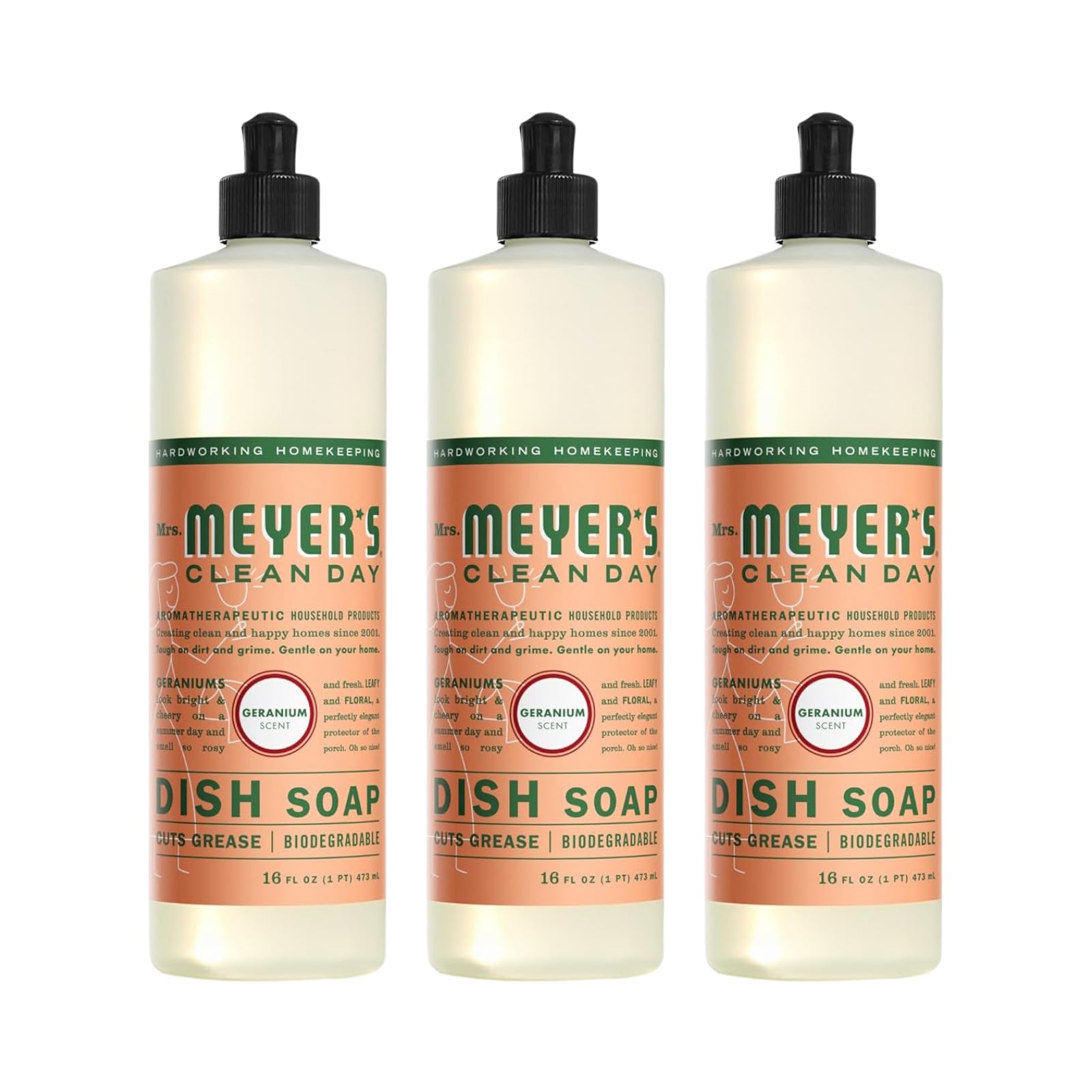 Mrs. Meyer's Clean Day Dish Soap - Geranium Scent, 16 fl oz (Pack of 3) | Plant-Derived Formula for Gentle Handwashing | Perfect for Everyday Kitchen Cleaning & Greasy Dish Removal