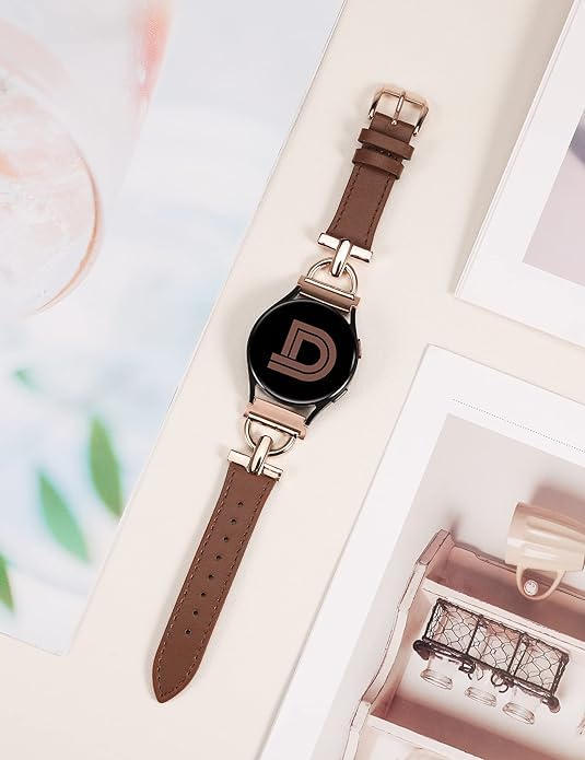 Premium 20mm Leather Watch Band for Samsung Galaxy Watch 7/6/5/4 Series & Active 2 | D-Shape Buckle Strap Compatible with Galaxy Watch 6 Classic/5 Pro/4 Classic & Vivoactive 3 | Dark Brown & Rose Gold Options | Dressy & Casual Wear for Men & Women