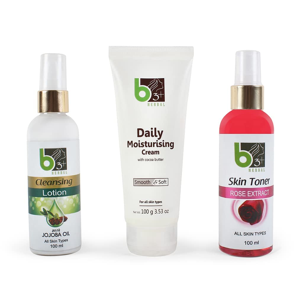 B3+ Herbal Daily Skin Care Combo Set - Cleansing Lotion with Jojoba Oil, Rose Skin Toner with Rose Extract & Daily Moisturizer Cream with Cocoa Butter - 100ml/100g - For All Skin Types - Perfect for Morning & Night Skincare Routine