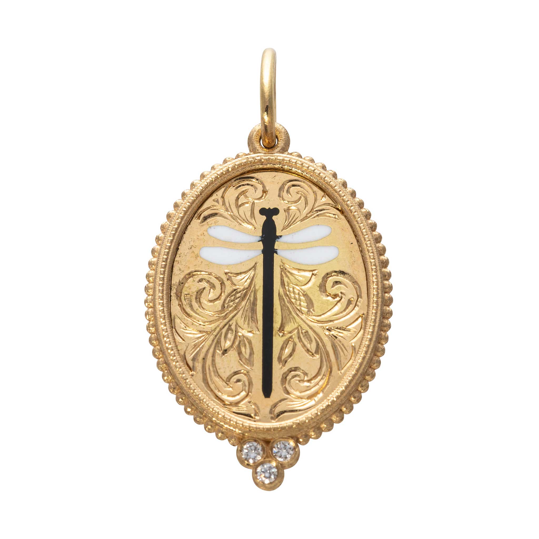 18K Gold Enamel Diamond Medium Oval Dragonfly Charm Pendant - Elegant Jewelry Gift for Women, Perfect for Anniversary, Birthday & Special Occasions