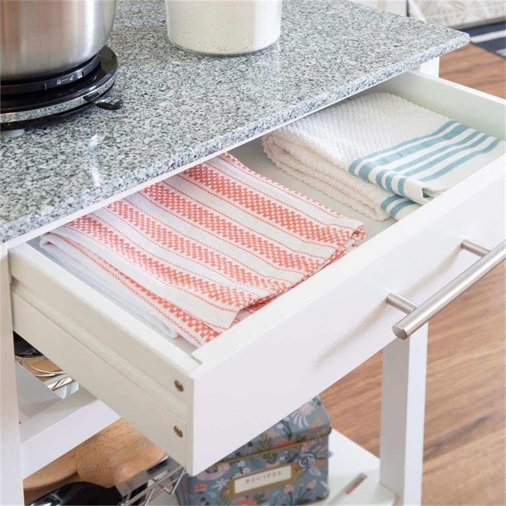 Linon Natalie White Wood Rolling Kitchen Island with Granite Top - Extra Storage for Small Kitchens, Pantry Organizer, Mobile Prep Station for Cooking & Baking