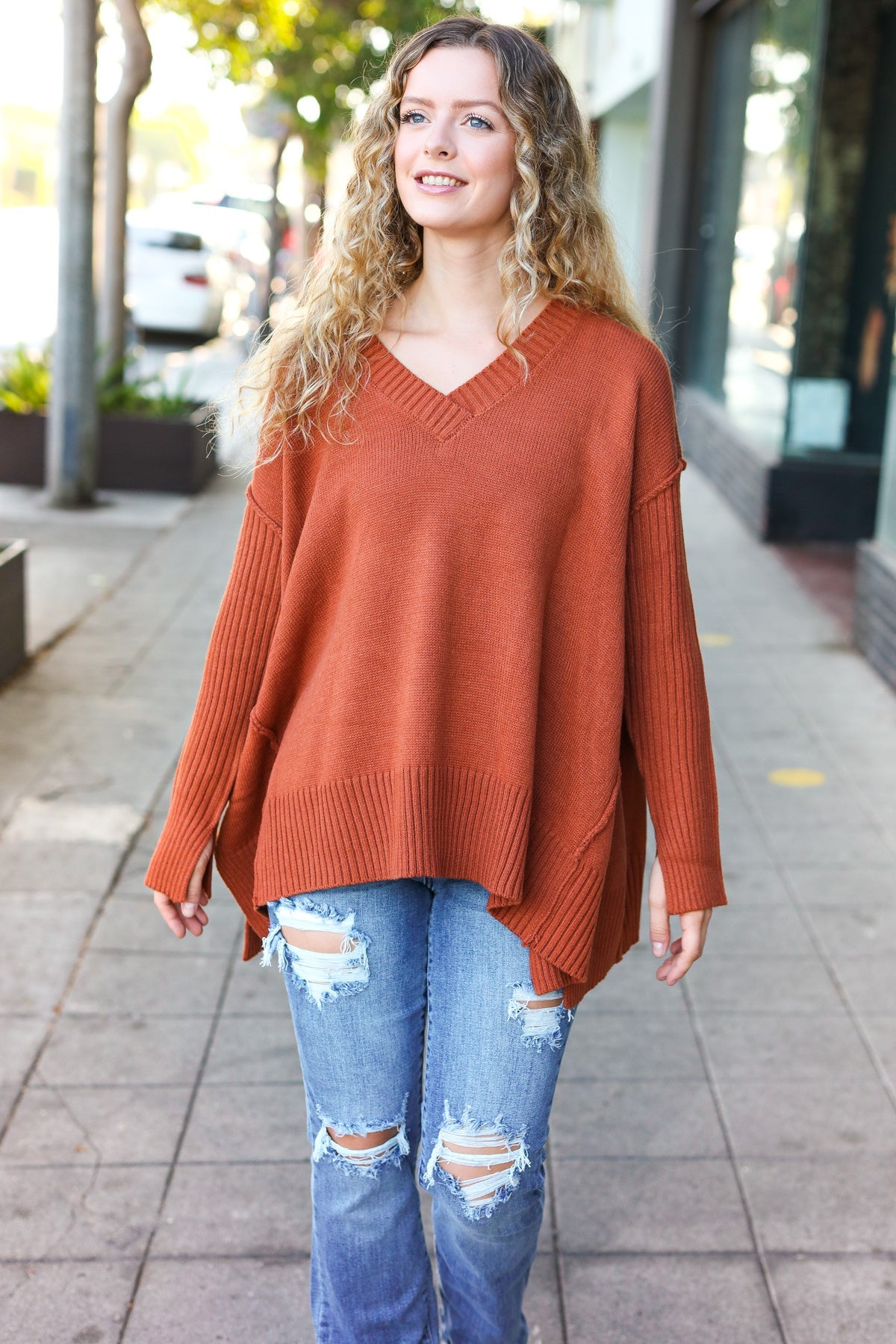 Stylish Rust Oversized V-Neck Rib Knit Sweater for Women | Cozy Fall & Winter Pullover | Perfect for Casual Outings, Date Nights & Office Wear