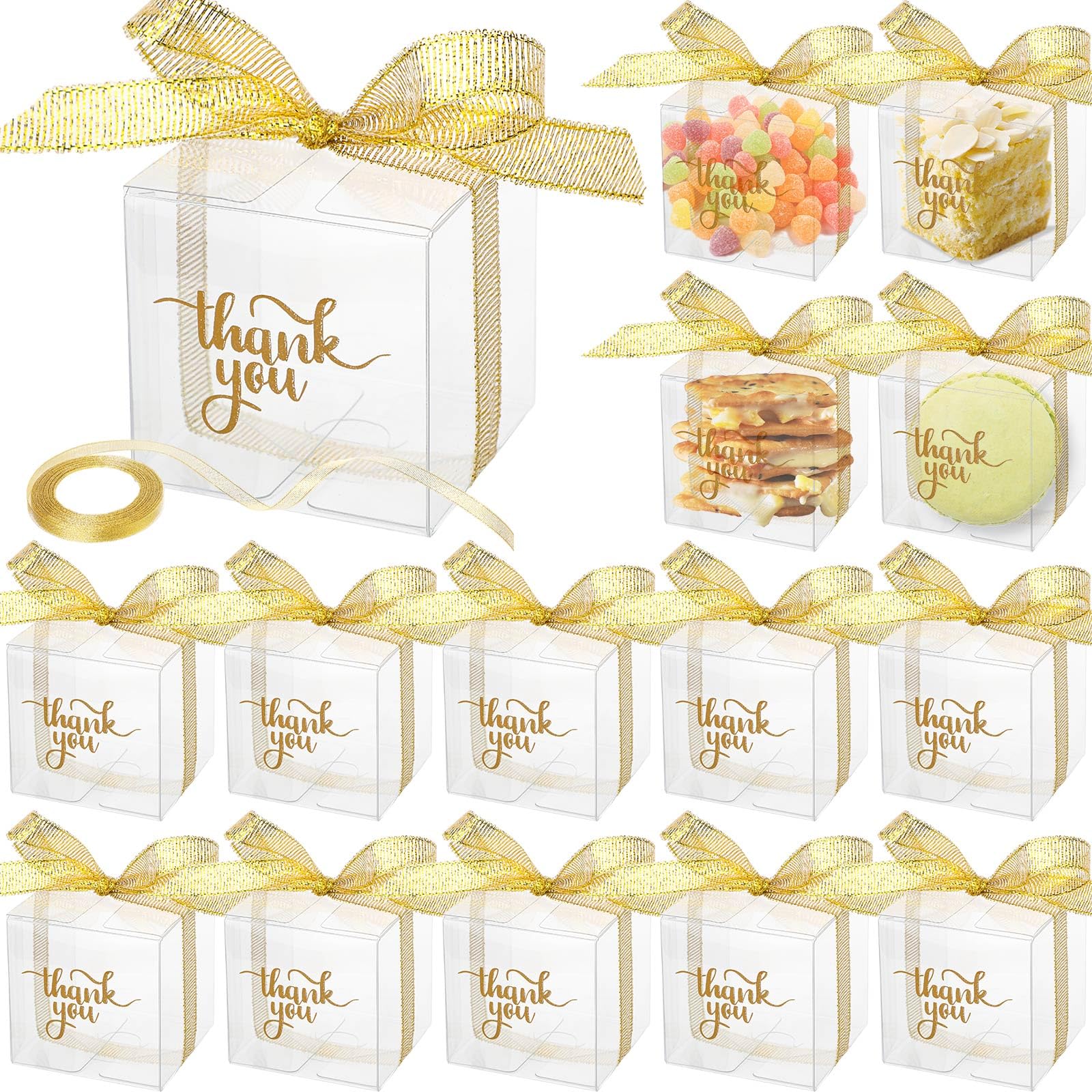 200 Pack Clear Plastic Gift Boxes with Lids & Ribbons - 2x2x2 Inch Transparent Treat Favor Boxes for Macarons, Candy, Cupcakes, Desserts - Perfect for Party Favors, Wedding, Baby Shower, Birthday Gifts & Thank You Packaging
