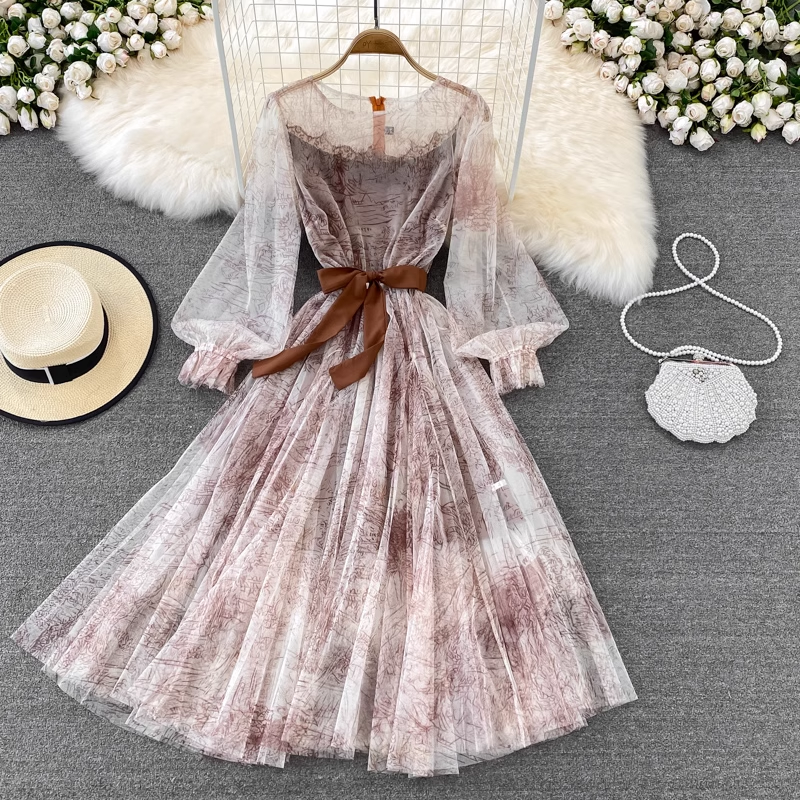 Fairy Ink Retro Round Neck Mesh Elegant Floral Summer Dress for Women - Perfect for Parties, Weddings & Date Nights