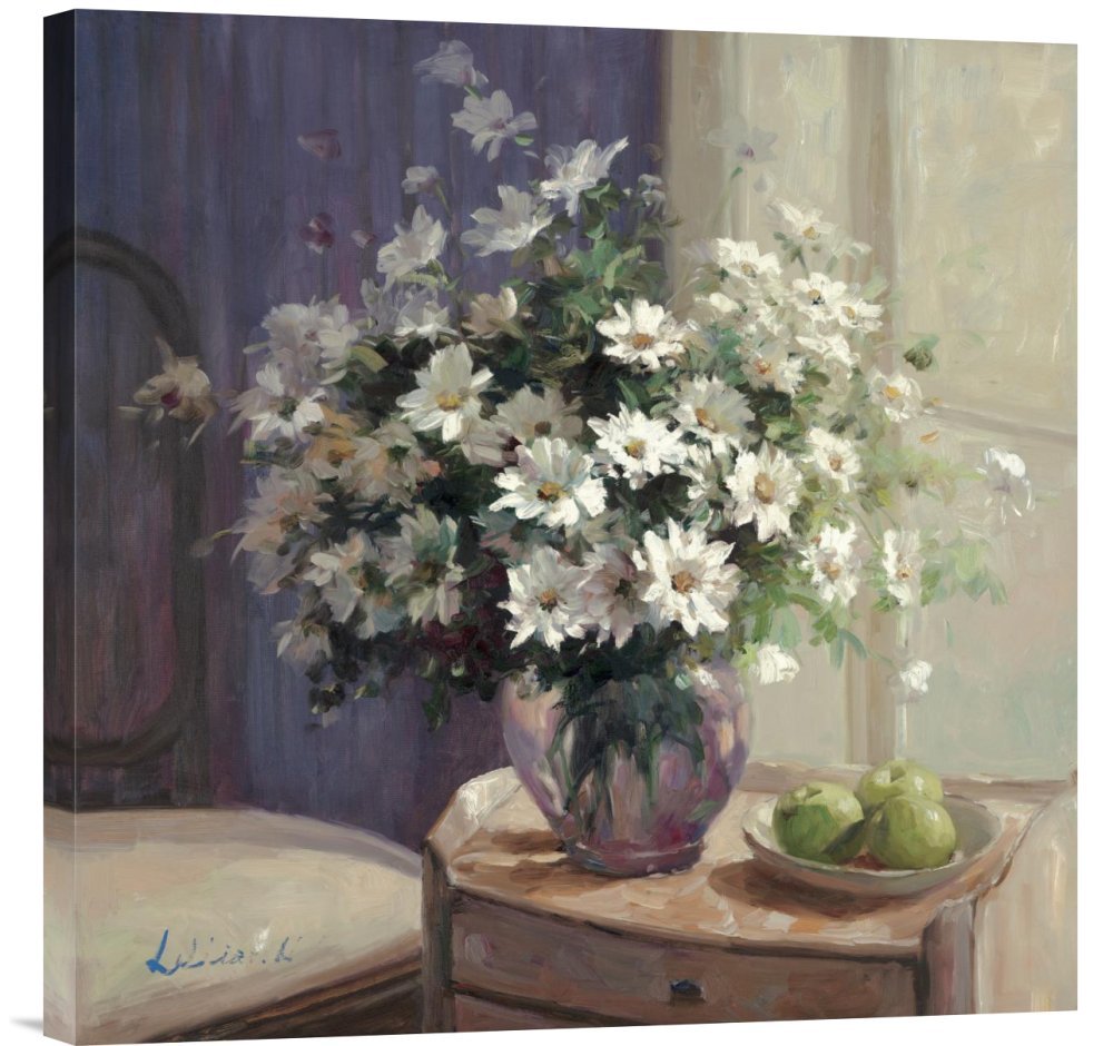 Lilian Marguerites Et Pommes Vertes Canvas Wall Art Print - Gallery Wrapped Giclee Reproduction - Floral Still Life Painting for Living Room, Bedroom & Office Decor