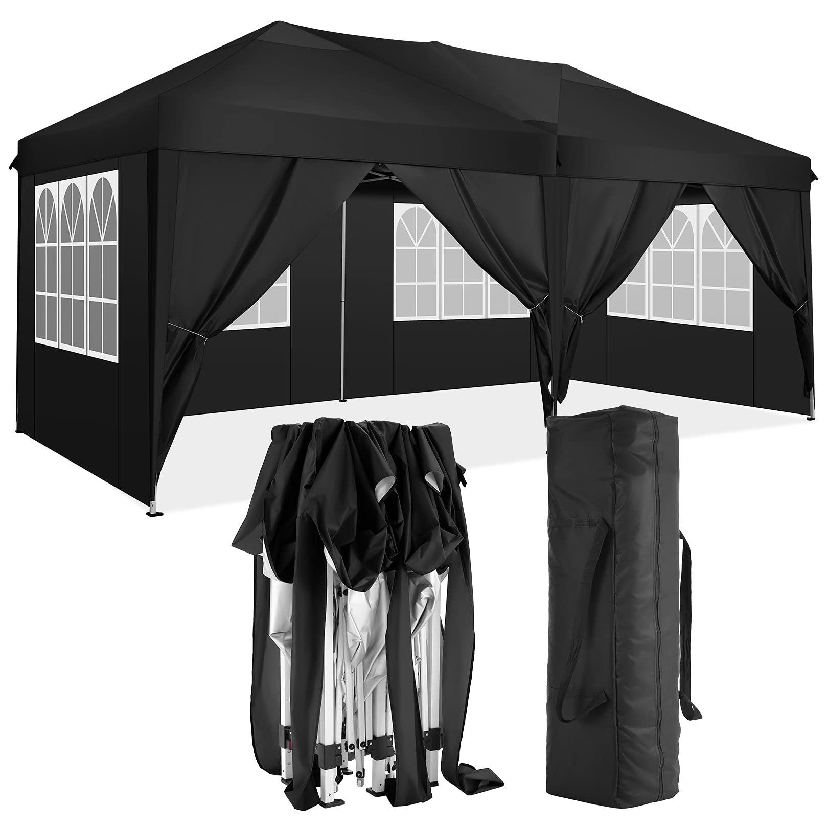 COBIZI 10x20 Pop Up Canopy Tent with 6 Sidewalls - Waterproof Instant Shelter for Outdoor Events, Camping, Parties & Commercial Use - Portable Gazebo for Backyard, Beach, Picnic & Tailgating - Easy Setup Black Event Tent