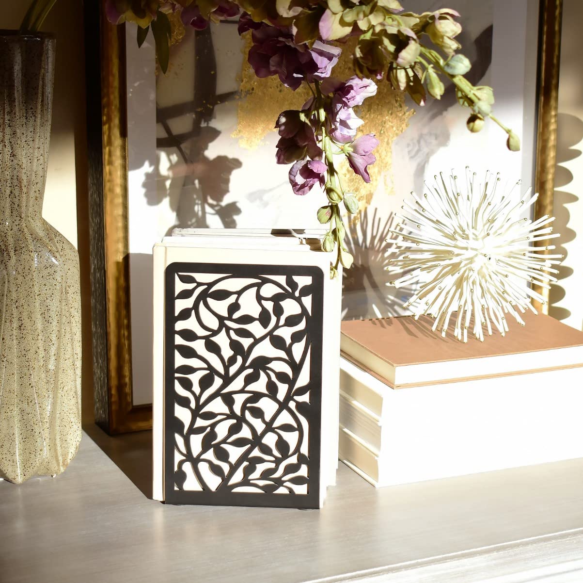 CNK Metal Bookends for Heavy Books - Set of 2 Black Infinite Leaf Design Book Holders for Home Office & Bookshelves - Perfect for Organizing Books, Decorative Display, and Securing Large Volumes