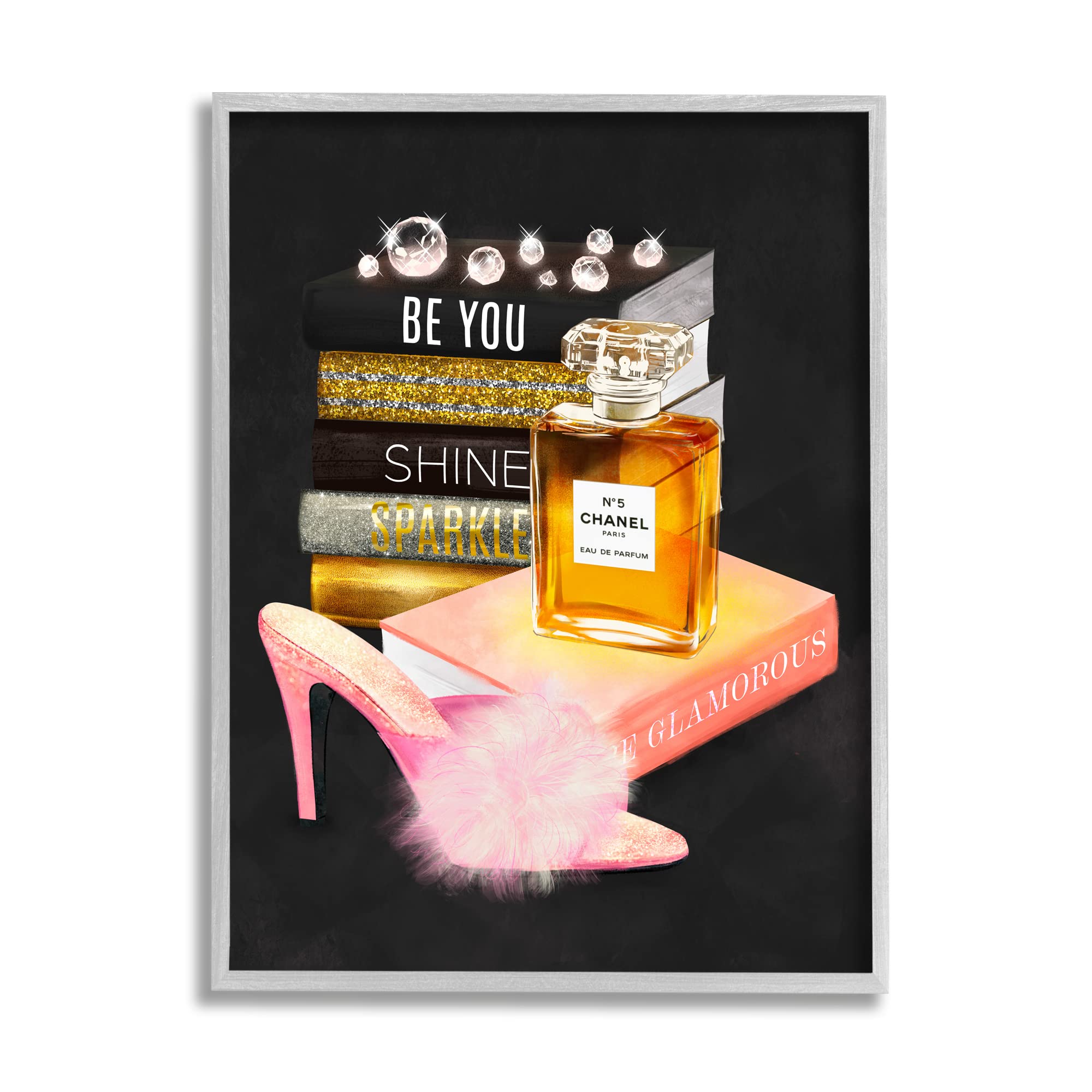 Stupell Industries 'Be You' Motivational Perfume Bottle & Book Stack Wall Art - Fluffy Pompom Heel Home Decor by Ziwei Li | Inspirational Gift for Women, Office & Bedroom Decor