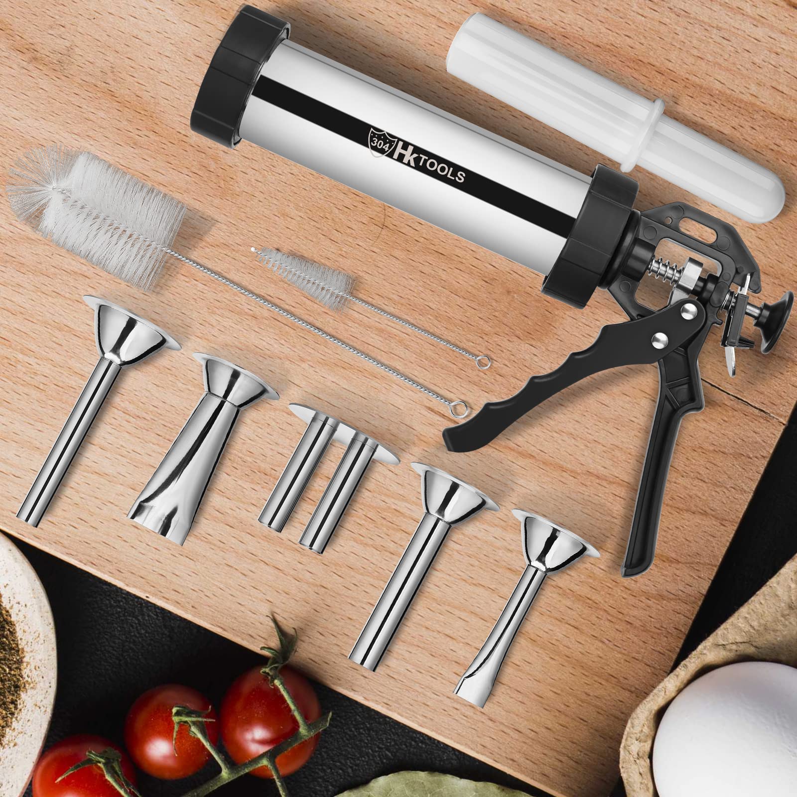 HK Jerky Gun Kit - 2.1LB Stainless Steel Jerky Maker & Sausage Stuffer with 5 Nozzles, 2 Cleaning Brushes & Stomper - Perfect for Homemade Beef Jerky, Sausage & Snack Making