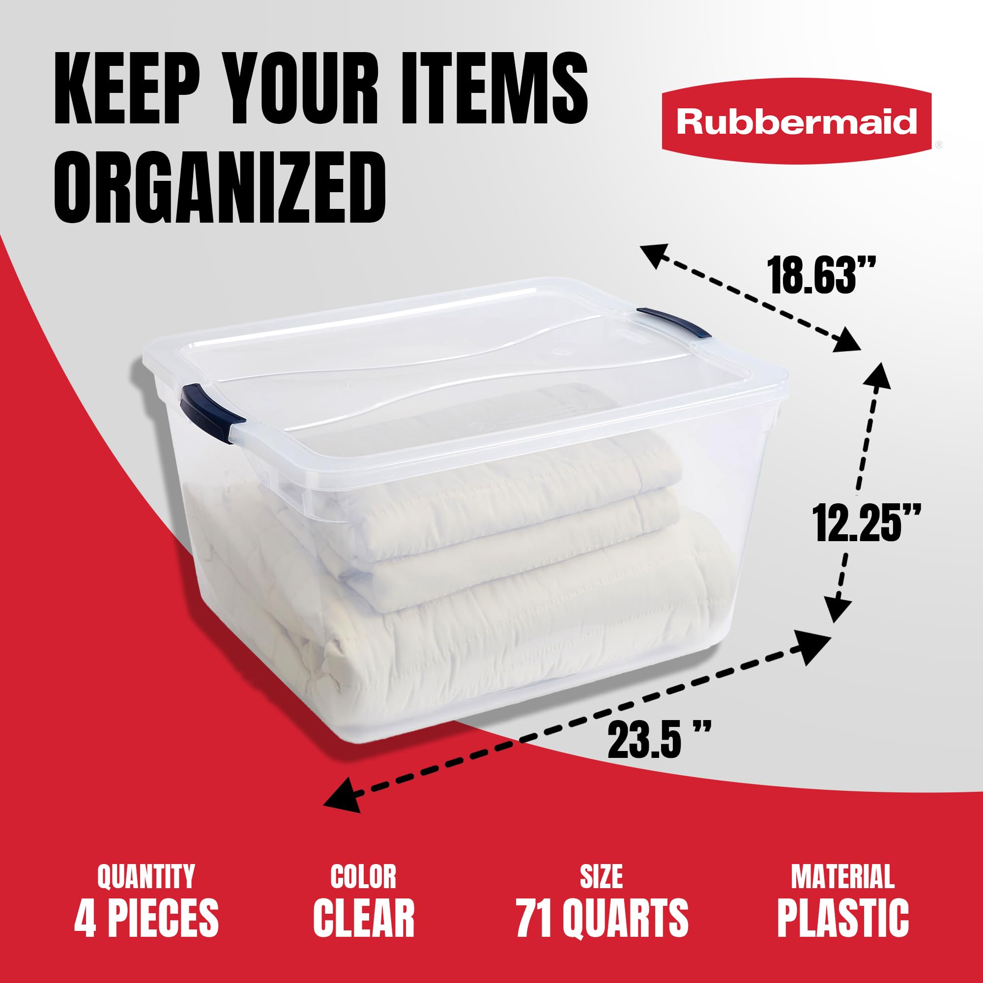 Rubbermaid Cleverstore 74 Quart Clear Plastic Storage Bins with Latching Lids - 4 Pack for Home, Office & Garage Organization - Perfect for Clothes, Toys, Holiday Decor & Seasonal Storage
