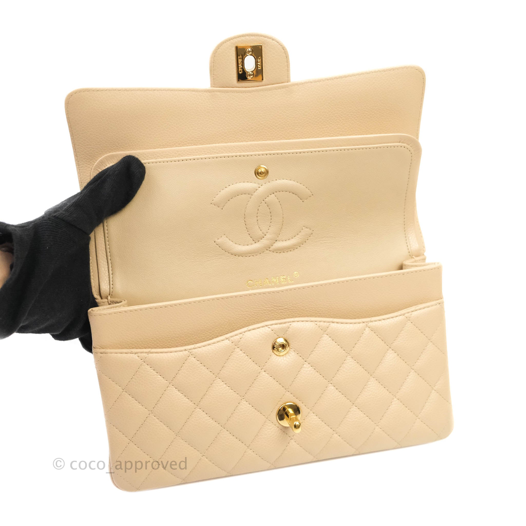 Chanel Classic M/L Medium Double Flap Bag in Beige Caviar Leather with Gold Hardware - Luxury Handbag for Women, Perfect for Work, Date Night & Special Occasions