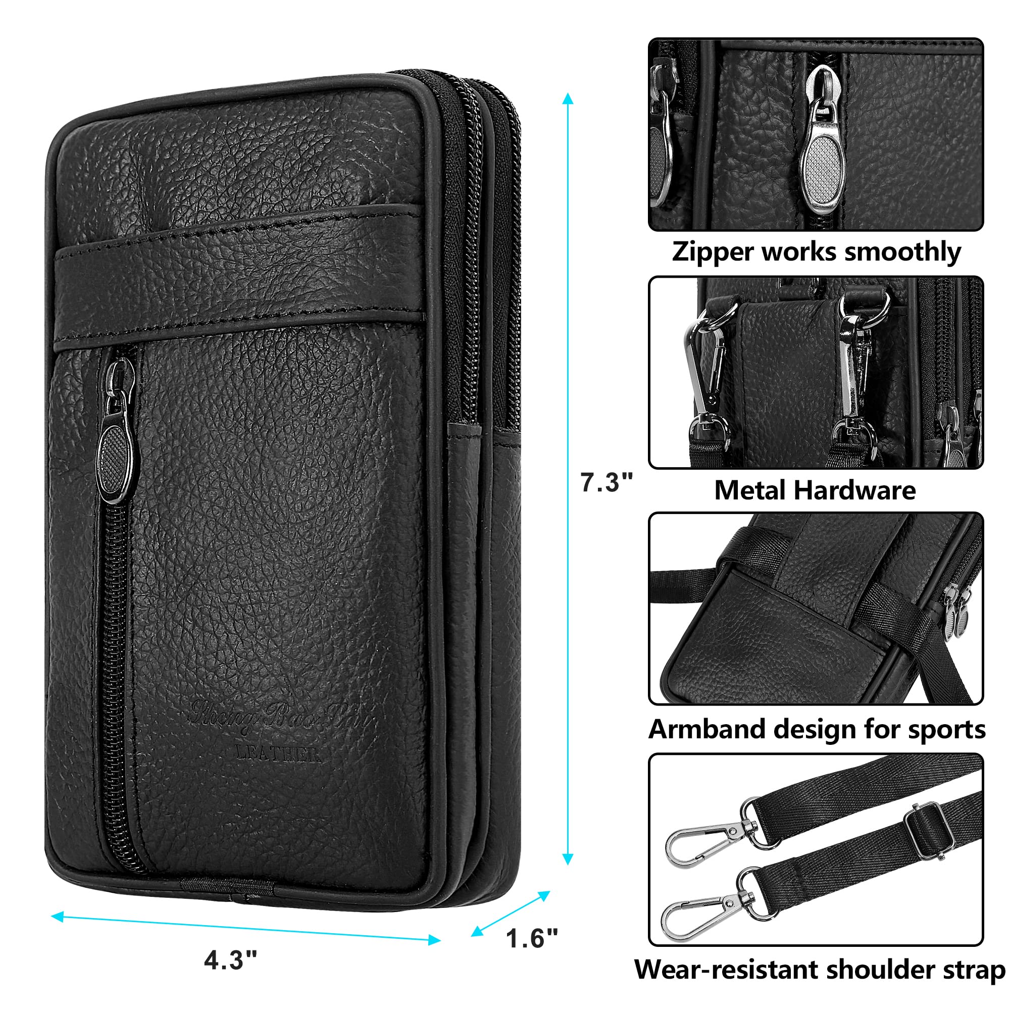 DOB SECHS Genuine Leather Crossbody Bag for Men & Women - Slim Phone Purse with Belt Clip, Shoulder Strap - Compact & Stylish Belt Pouch (Black) - Perfect for Travel, Shopping & Everyday Essentials