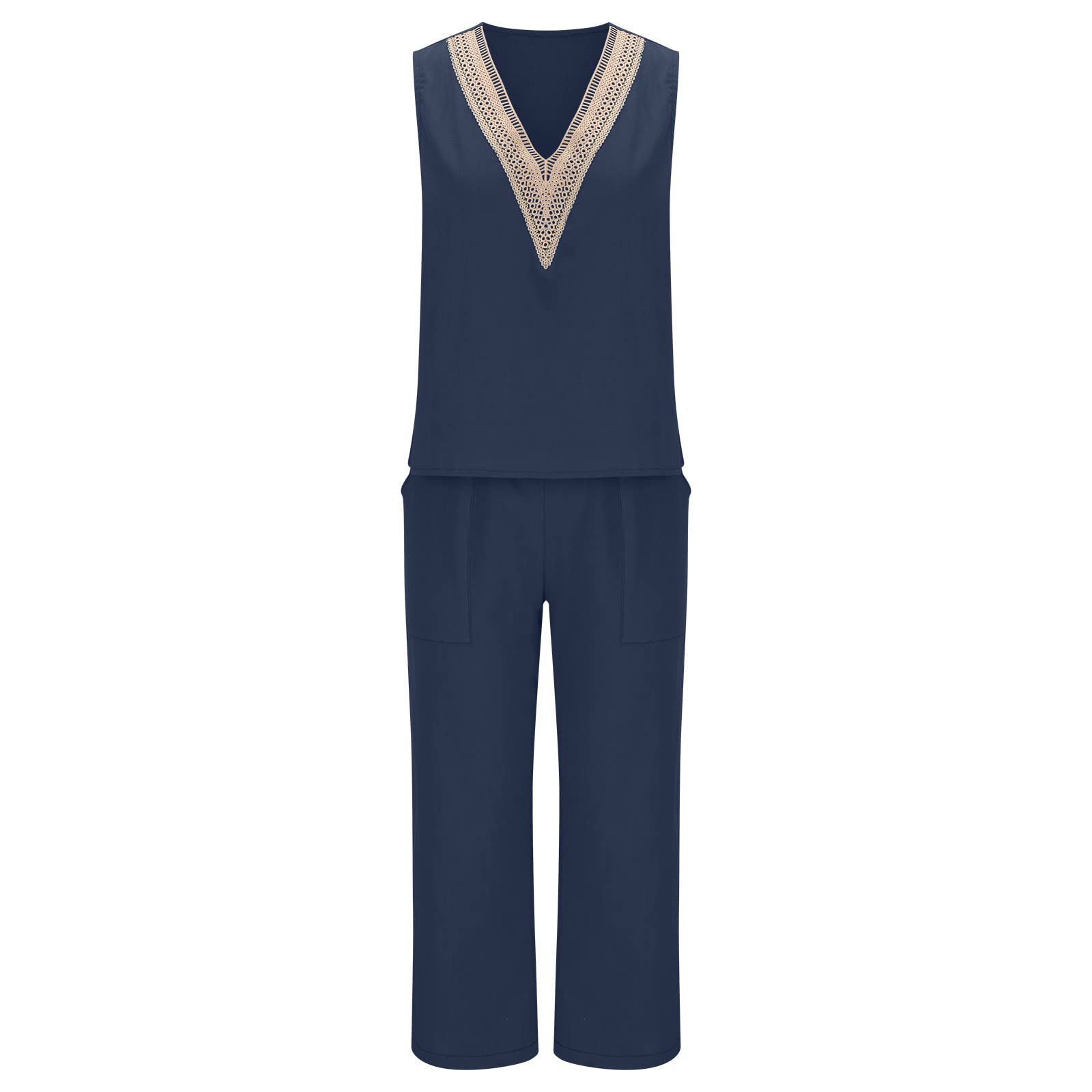 Women's 2 Piece Lounge Set - Sleeveless V Neck Cotton Linen Tank Top & Wide Leg Pants Matching Outfit | Soft Summer Casual Wear for Home, Travel & Yoga