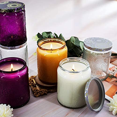 8.8oz (9 Pack) Clear Embossed Glass Candle Jars with Tin Lids - DIY Candle Making Supplies Includes Sticker Labels & Warning Stickers - Perfect for Home Decor, Wedding Favors, and Craft Projects