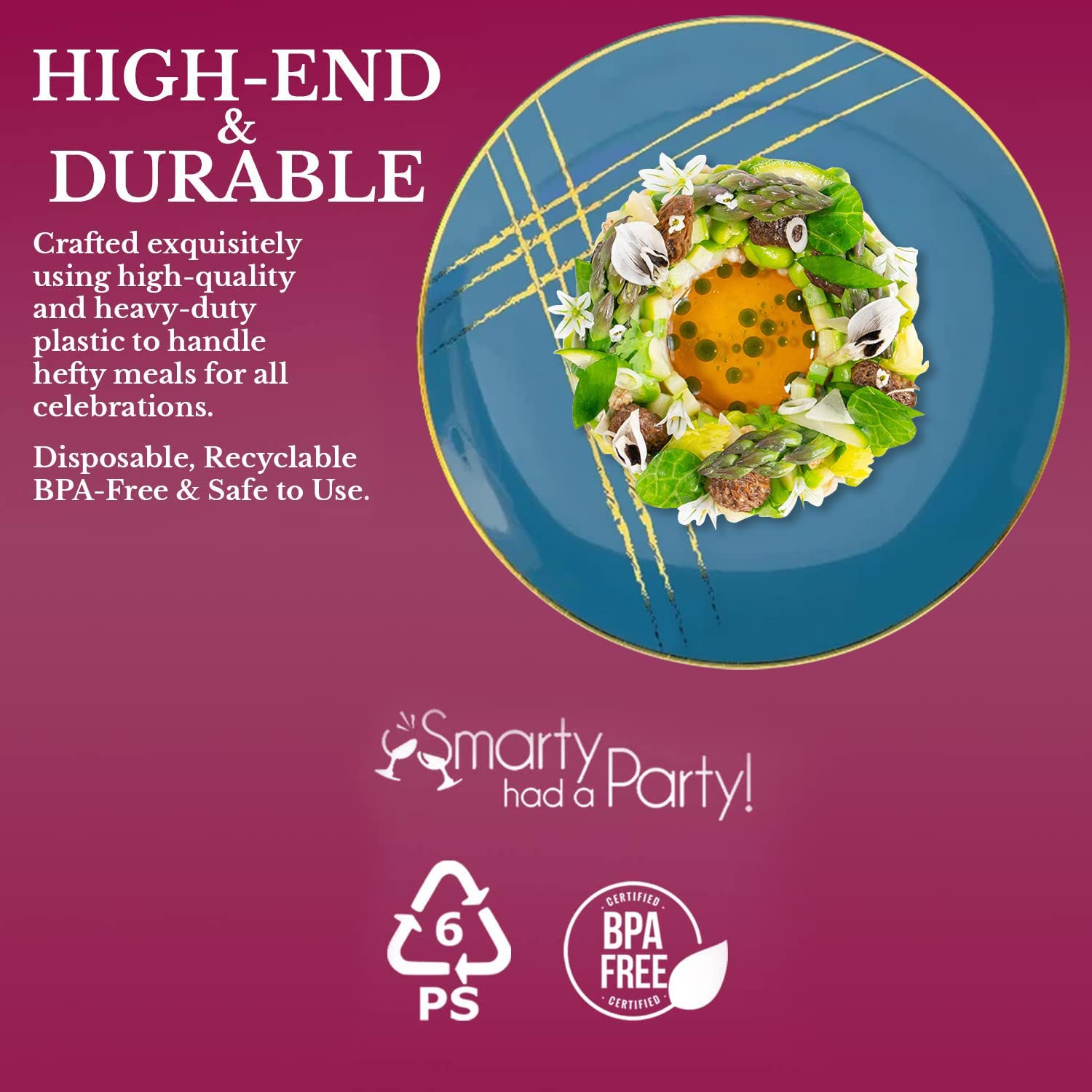 Smarty Had A Party Disposable Marble Plastic Plates - 10.25 Inch Elegant Dinnerware Set for Weddings, Parties & Events - Bulk Pack of 120 Blue & Gold Plates - Perfect for Catering, Buffets & Formal Dining