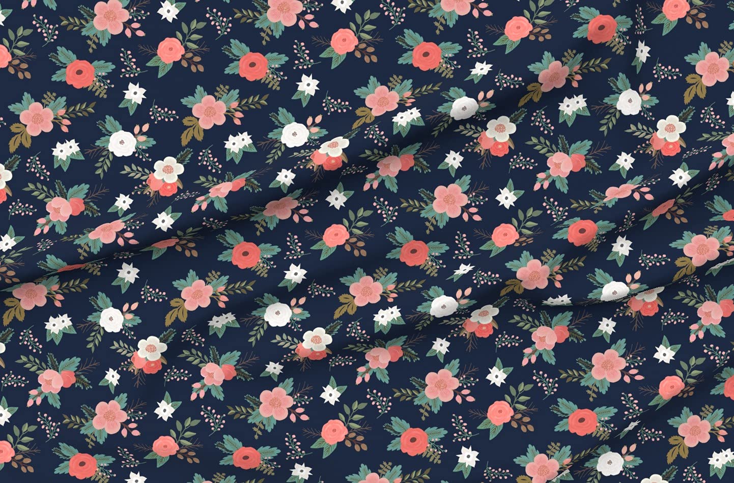 Premium Spoonflower Chiffon Fabric by The Yard - Navy Floral Bouquet Coral Spring Pink Flower Print for Sewing Dresses, Fashion Apparel & Home Decor | Perfect for DIY Spring Dresses, Nursery Decor & Boho Home Accents