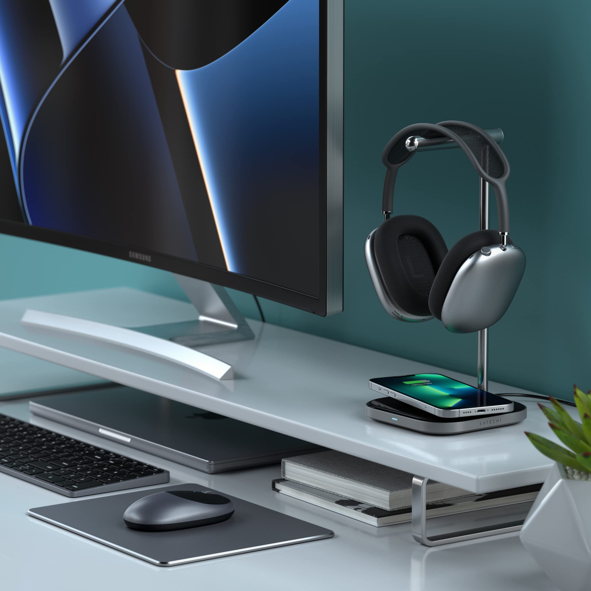 Satechi 2-in-1 Headphone Stand with Wireless Charger - USB-C Charging Station & Magnetic Qi Charger for iPhone 16/15/14/13/12 Series - Perfect for Home Office, Gaming Setup and Nightstand Charging