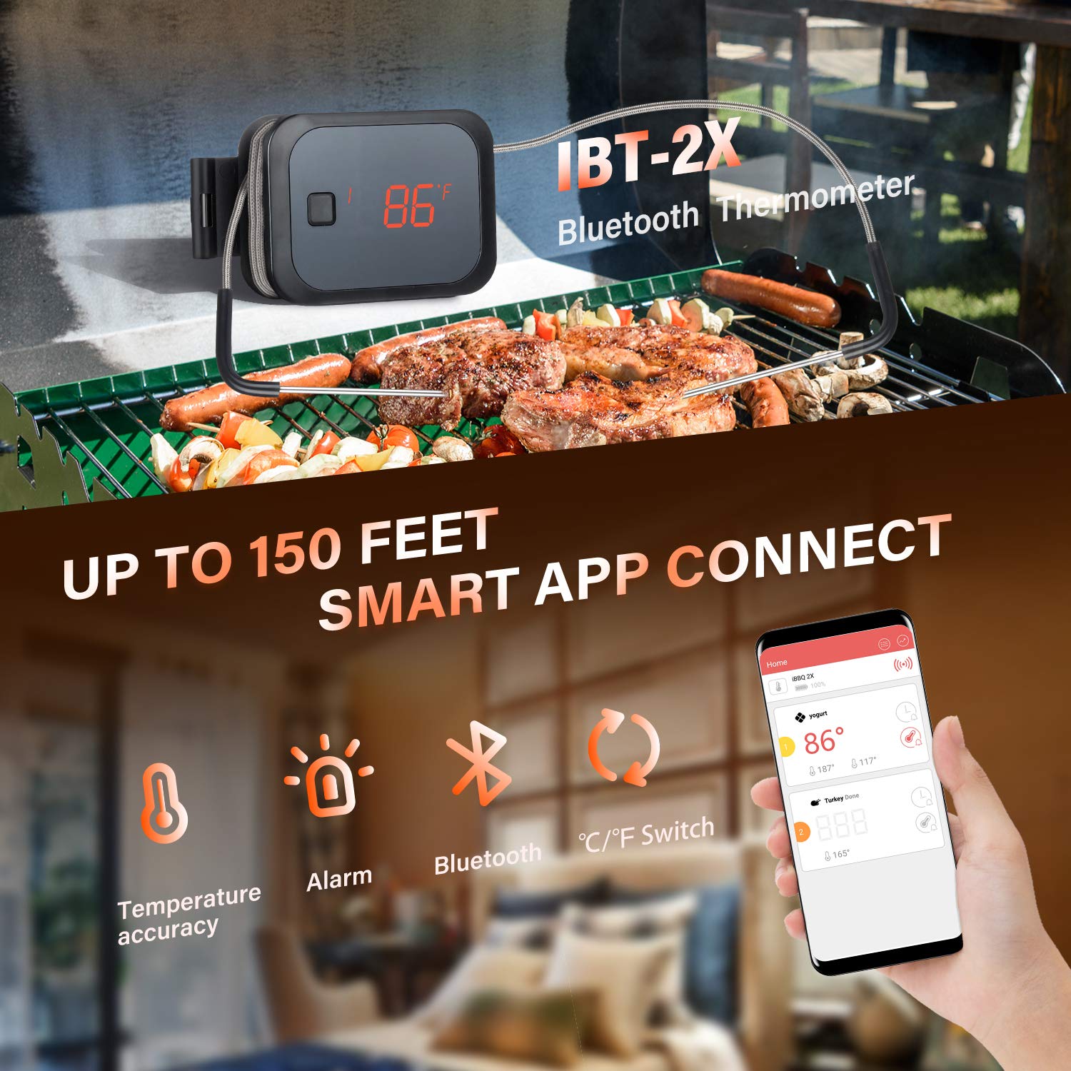 Inkbird IBT-2X Wireless Bluetooth Meat Thermometer for BBQ Grill & Oven - Dual Probe Digital Cooking Thermometer with 150ft Range, Timer & Alarm | Perfect for Smoking, Grilling, Baking & Roasting