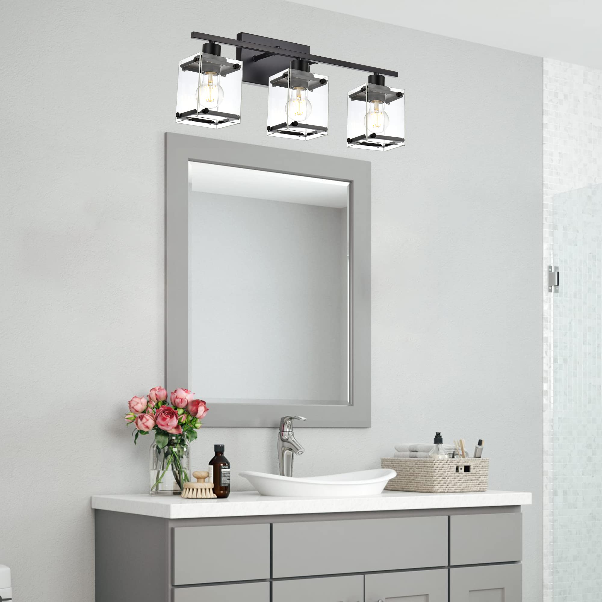 MELUCEE 3-Light Modern Black Bathroom Vanity Lighting Fixture with Clear Rectangular Glass - Wall Mount Mirror Lights for Bathroom, Powder Room & Bedroom - Perfect for Makeup, Shaving & Ambient Lighting