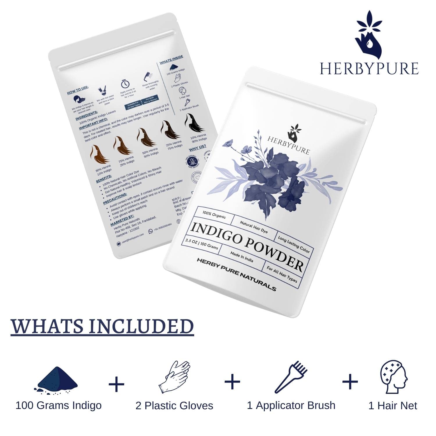 Herby Pure Organic Indigo Powder for Black Hair - 100g Natural Hair Dye with Free Applicator, Gloves & Hair Net | DIY Hair Coloring at Home, Safe & Chemical-Free