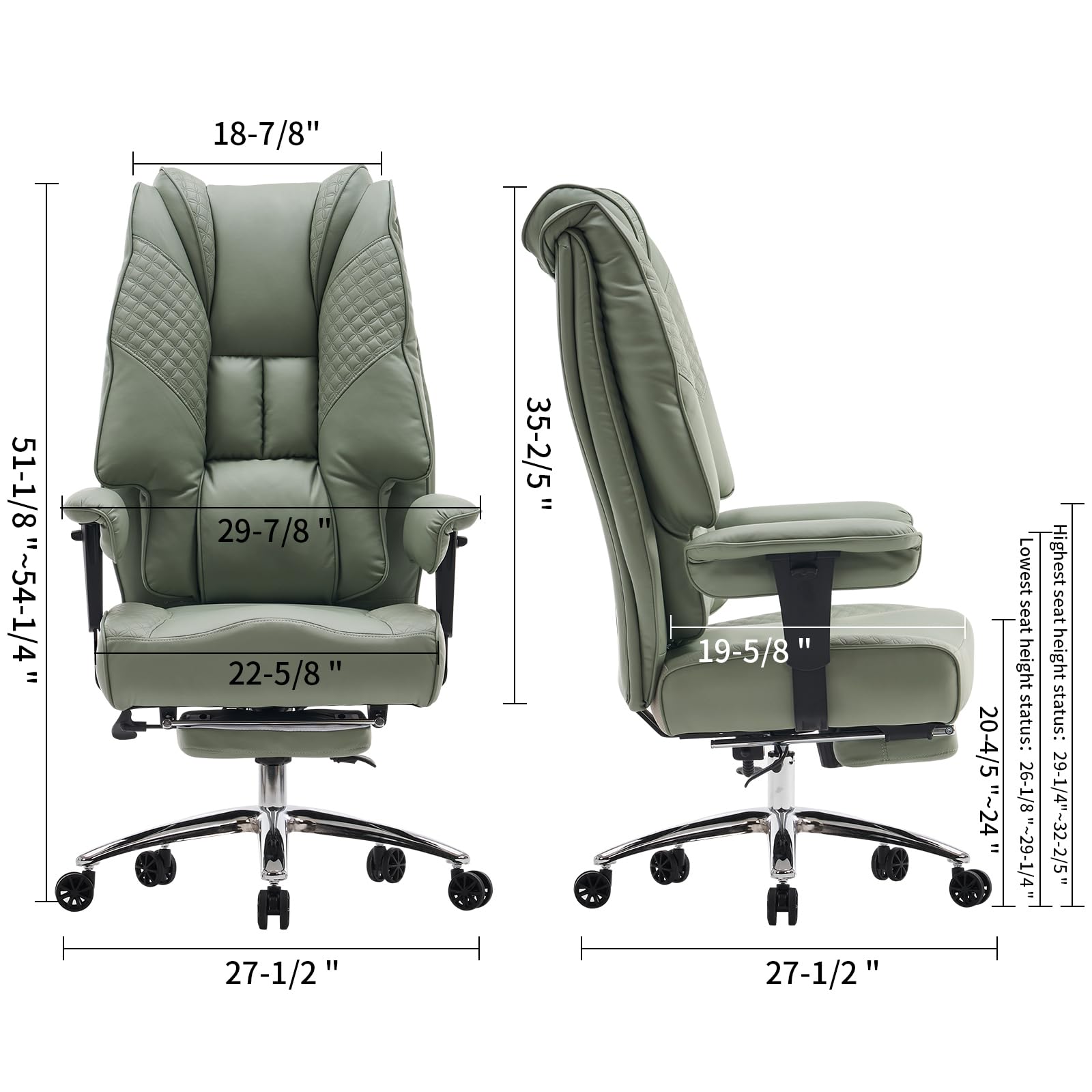 Big and Tall Office Chair 400lbs Capacity - Wide Seat Leather Executive Chair with Adjustable Footrest & Lumbar Support - Ergonomic High Back Desk Chair for Back Pain Relief (Light Green) - Perfect for Home Office, Gaming, and Long Work Sessions