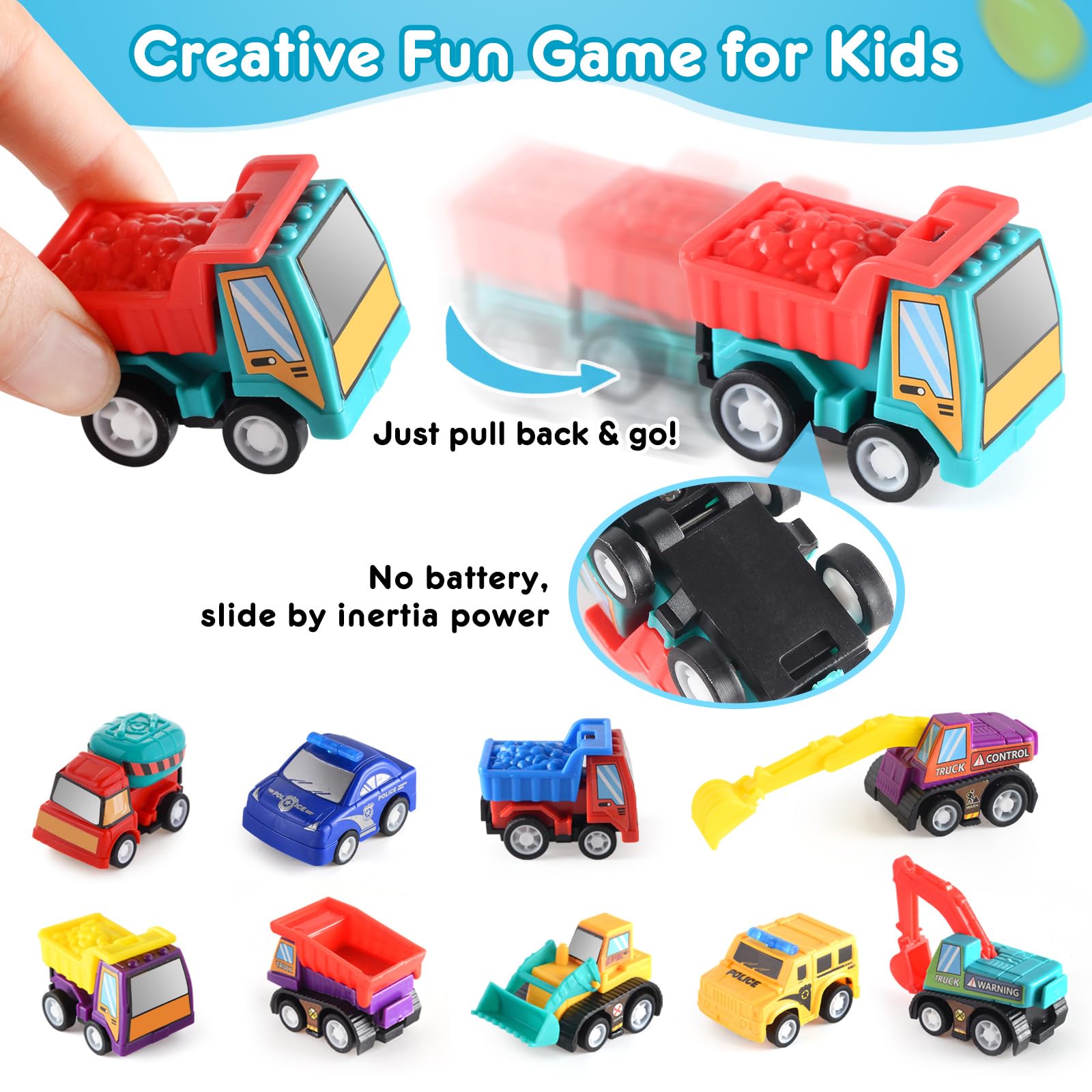 24-Pack Easter Toy Cars - Pull Back Construction Trucks & Police Cars for Kids Party Favors | Easter Egg Hunt Gifts, Classroom Prizes & Basket Stuffers | Great for Easter Celebrations, Birthday Parties & School Rewards