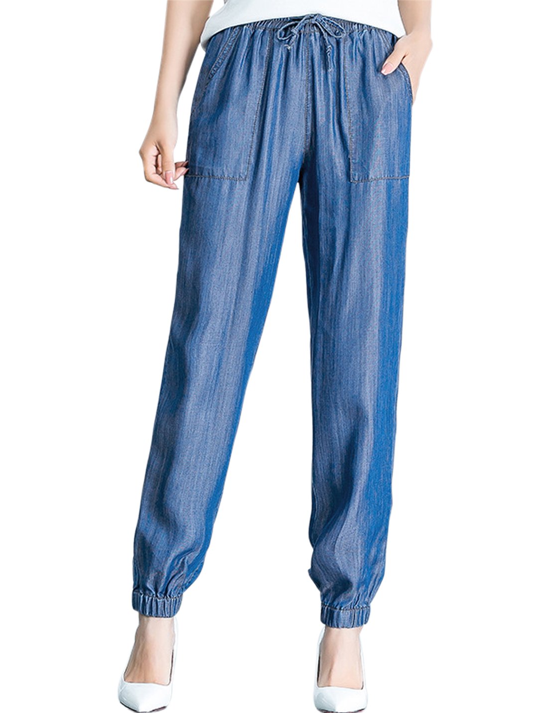 Tanming Women's Stretchy High Waist Denim Jogger Pants with Adjustable Drawstring - Comfortable Casual Pants for Work, Travel & Everyday Wear