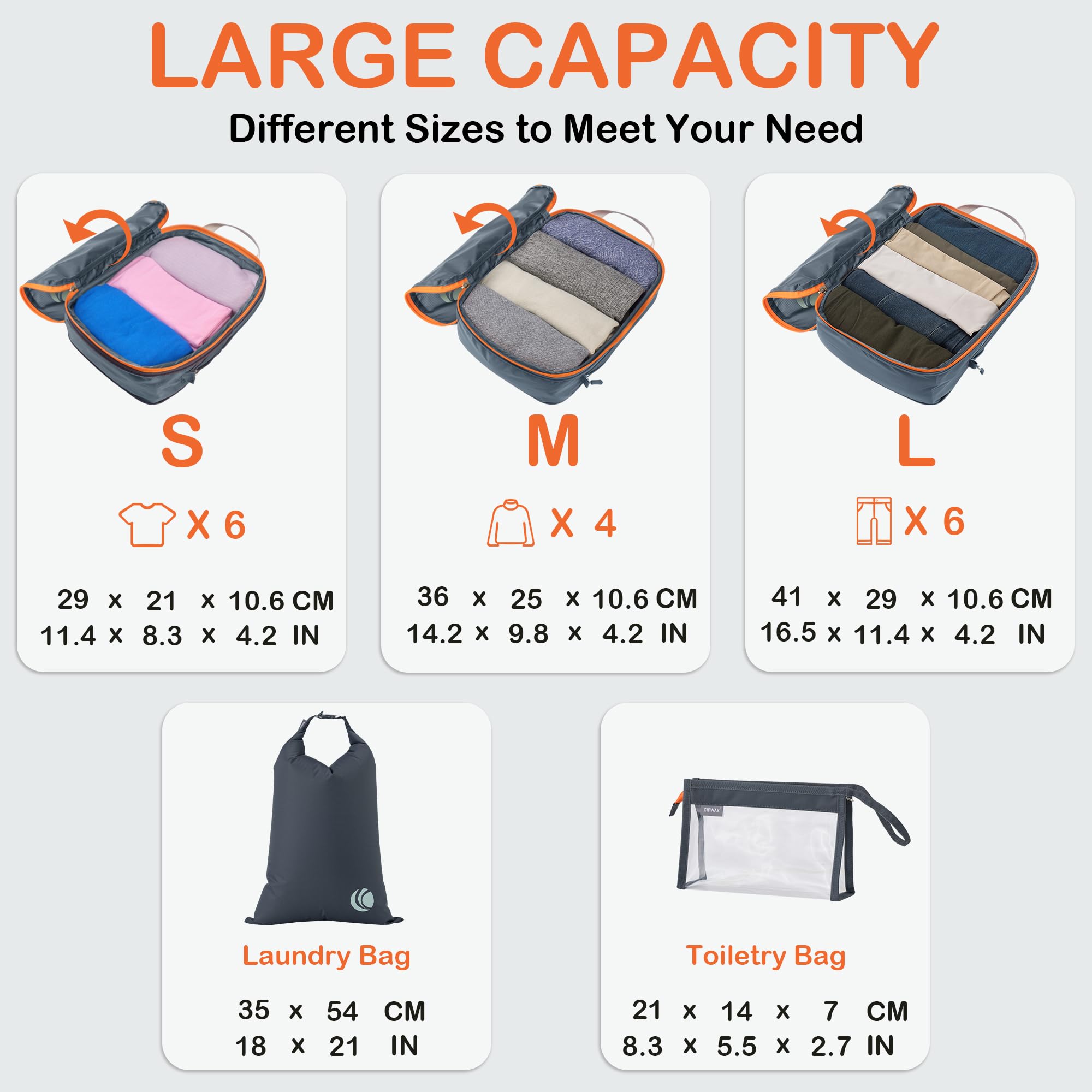 Ultralight Compression Packing Cubes Set - 6-Piece Travel Organizer with Laundry Bag & Clear Toiletry Case | Perfect for Carry-On Luggage, Business Trips & Weekend Getaways (Gray)