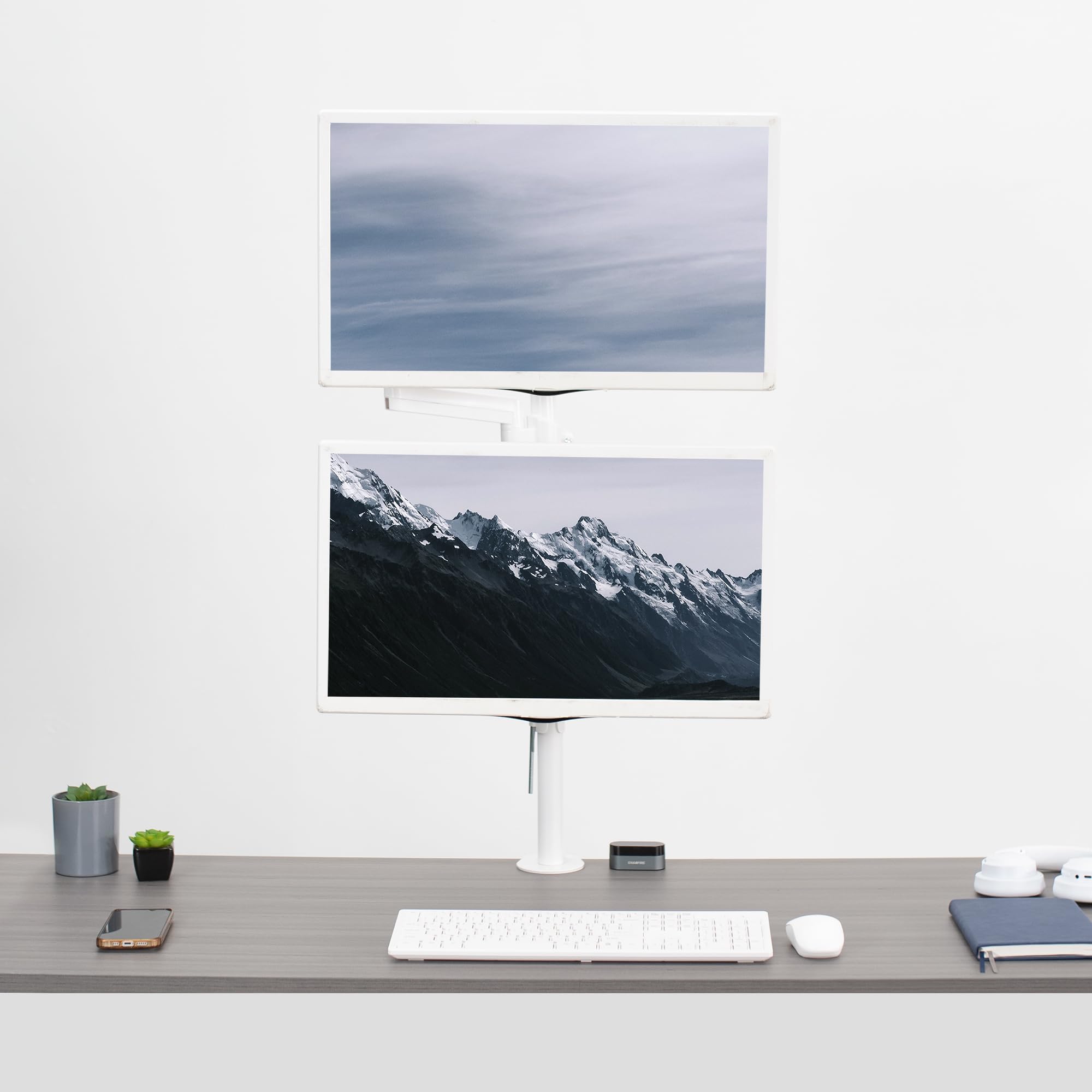 VIVO Dual Monitor Arm Stand for 32 inch Screens - Extra Tall Pneumatic Height Adjustable Heavy Duty VESA Mount with Full Motion Articulation, C-Clamp & Grommet Base (White, STAND-V012KW) - Perfect for Home Office, Gaming Setup & Workspace Ergonomics