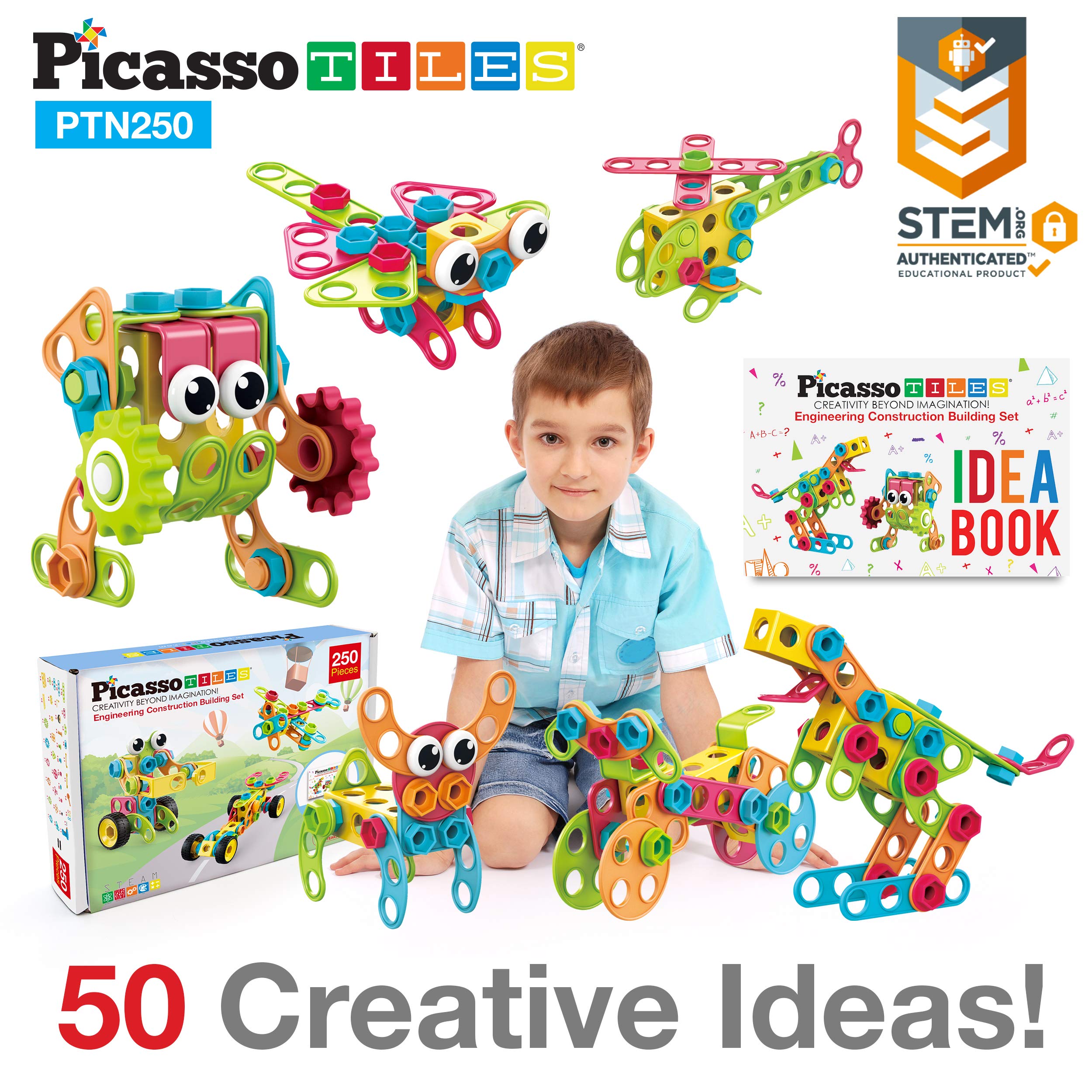 PicassoTiles 250 Piece STEM Building Blocks for Kids - Construction Engineering Learning Toys with Power Drill, Clickable Ratchet & Free Idea Book - Educational Playset for Ages 3+ (PTN250) | Perfect for Classroom STEM Activities, Birthday Gifts & Creative Playtime