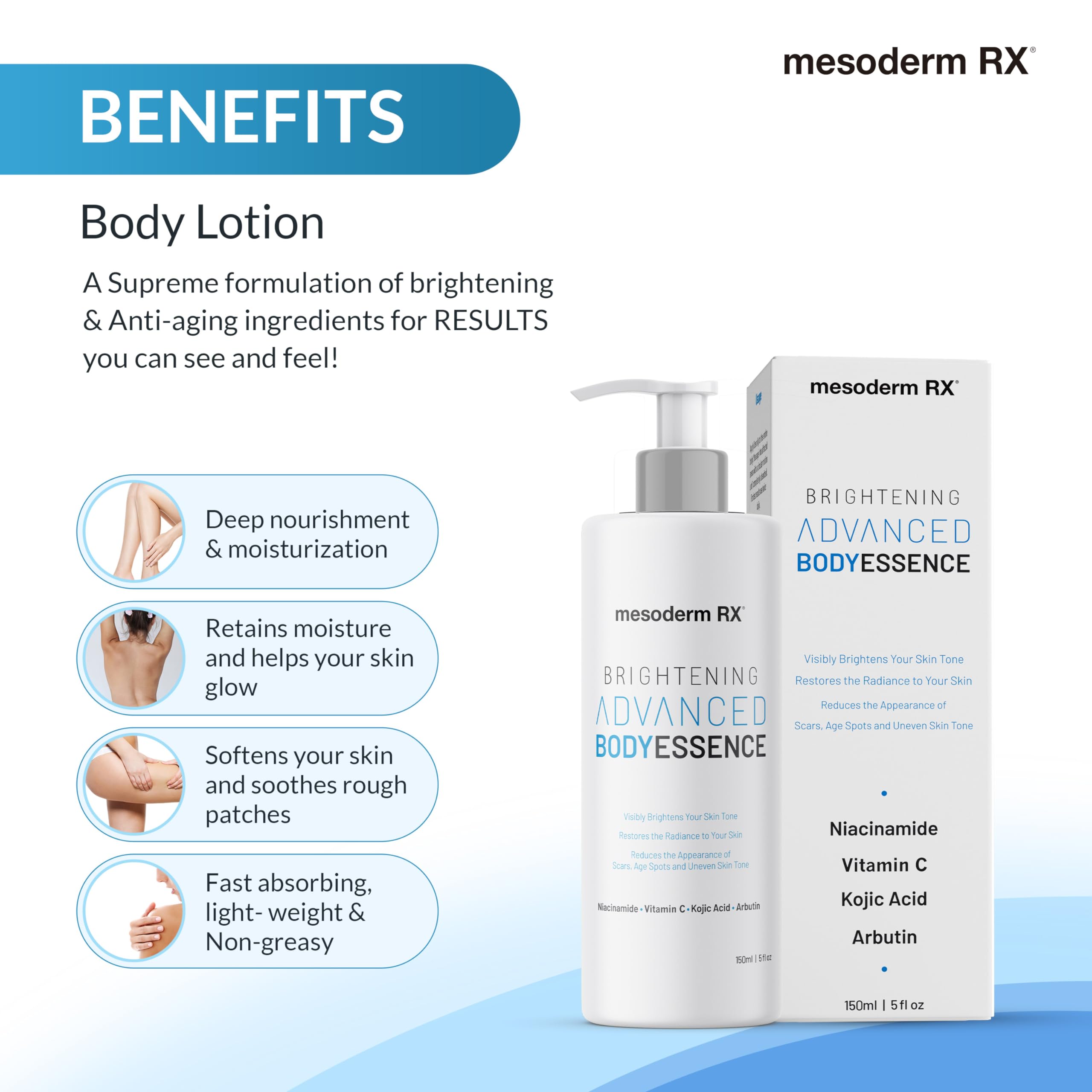 Niacinamide & Vitamin C Body Essence for Hydration & Brightening - Kojic Acid, Hyaluronic Acid & AHA to Smooth Skin, Reduce Dark Spots & Even Tone - 150ml - Perfect for Daily Skincare Routine & Post-Sun Care