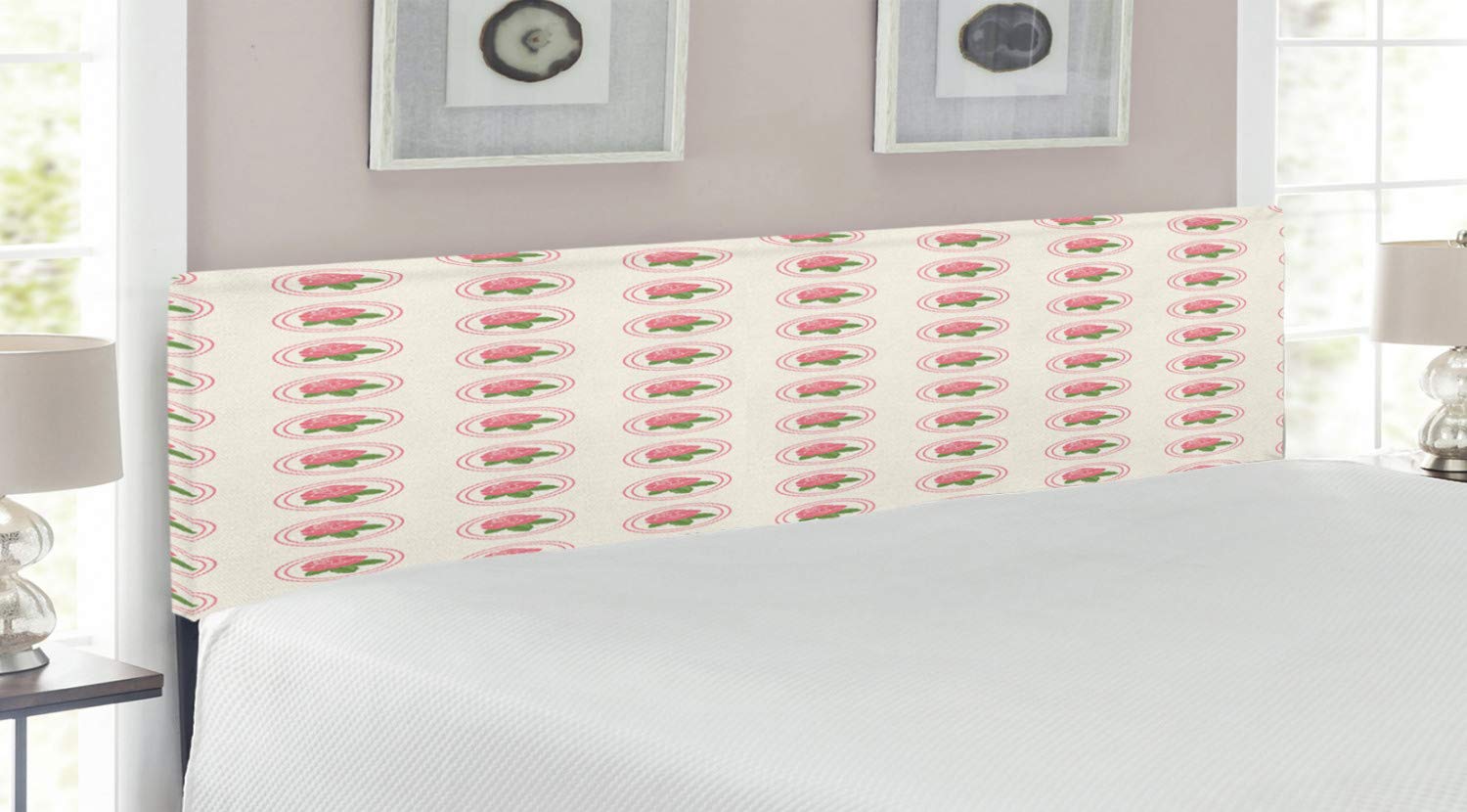 Ambesonne Floral Upholstered Headboard - Farmhouse Style King Size Bed Frame with Rose Blooms & Leaf Design, Memory Foam Cushioned Pale Pink & White Metal Headboard for Master Bedroom Decor | Country Chic Bedroom Accent Piece