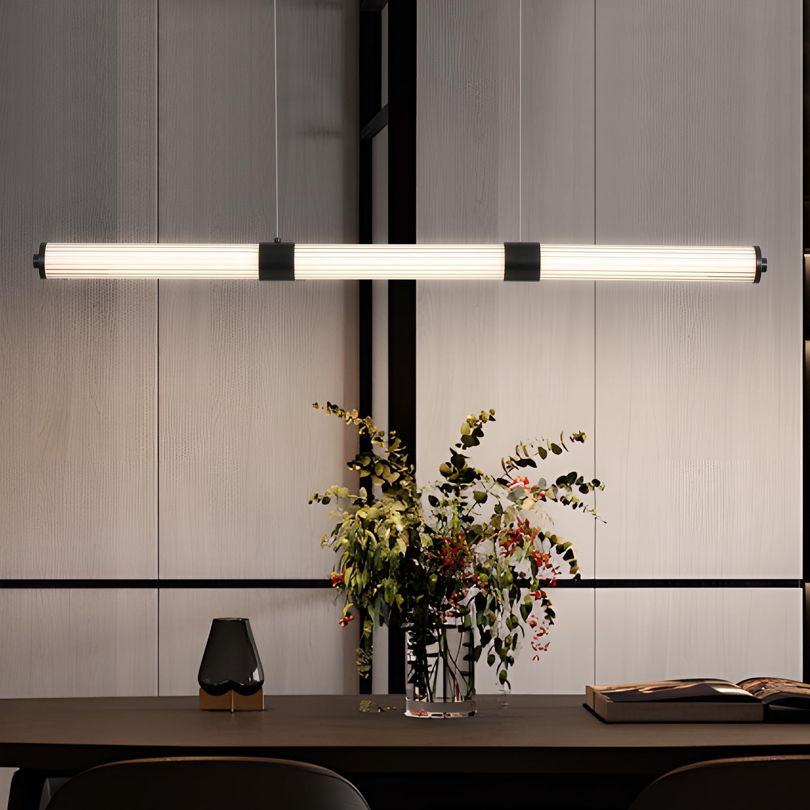 Modern Black LED Pendant Light - Adjustable Linear Hanging Light Fixture for Kitchen, Dining Room, Bedroom & Living Room | Easy Installation, Energy Efficient Lighting for Home & Office Decor