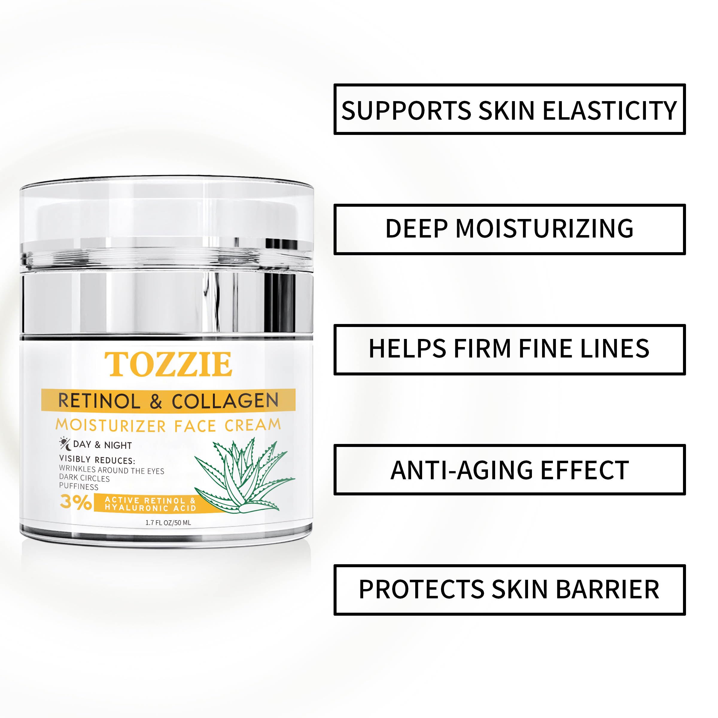 Retinol & Collagen Moisturizer Cream for Face & Neck - Anti Aging Formula with Hyaluronic Acid, Vitamin C & E - 1.7 fl oz - Hydrating & Firming for Younger Looking Skin - Perfect for Night Routine & Daily Skincare
