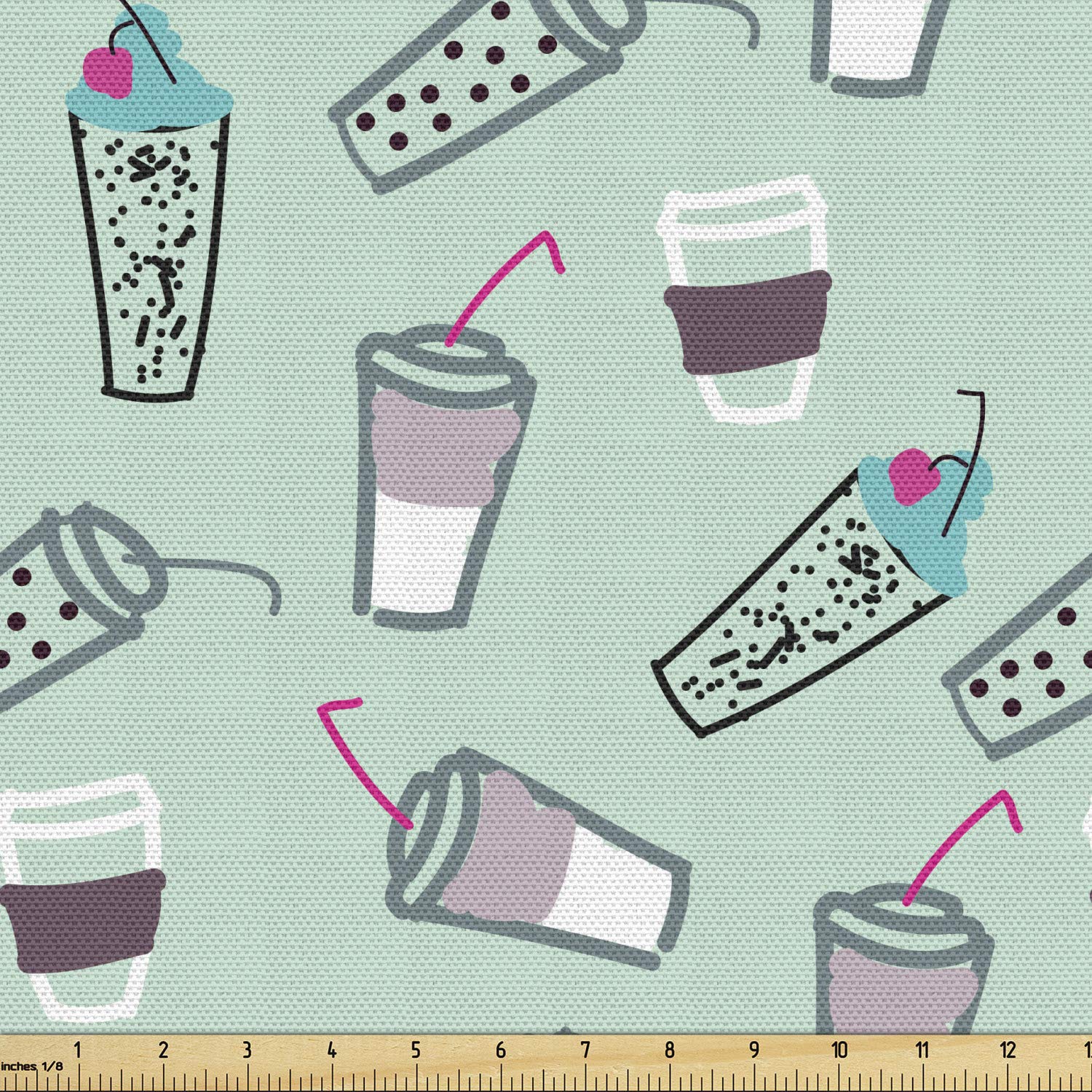 Ambesonne Hipster Fabric by The Yard - Coffee Cups & Beverages Print Decorative Fabric for Upholstery, Curtains, DIY Crafts - 10 Yards Almond Green Multicolor - Perfect for Home Decor, Pillow Covers, Table Runners & Wall Hangings