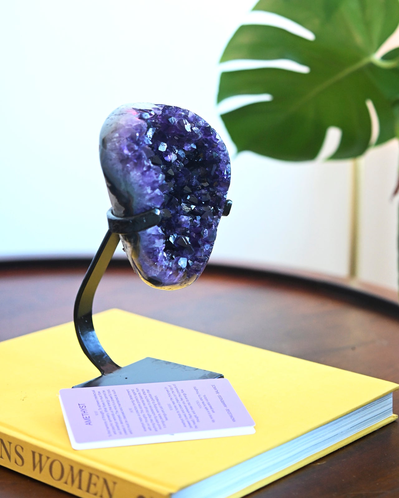 Natural Amethyst Crystal Geode on Wooden Stand - 3.8lbs Raw Purple Quartz Cluster - Home Decor, Meditation & Healing Crystal for Office Desk, Living Room, Gift Idea