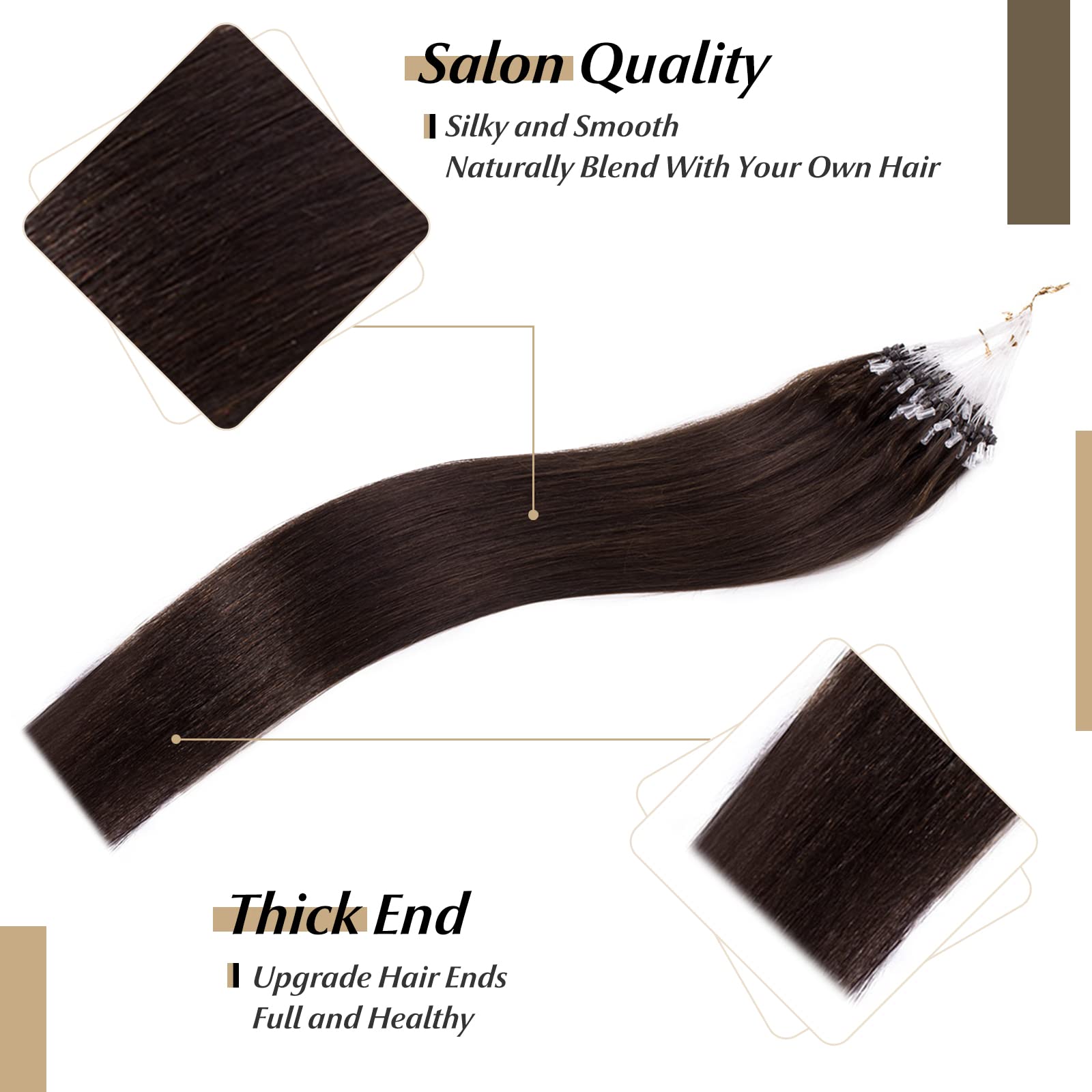 SEGO 18 Inch Dark Brown Micro Beads Hair Extensions - 100% Human Hair, Natural Straight, 50g 100 Strands, Cold Fusion Micro Loop Rings - Perfect for Daily Styling, Parties & Special Occasions
