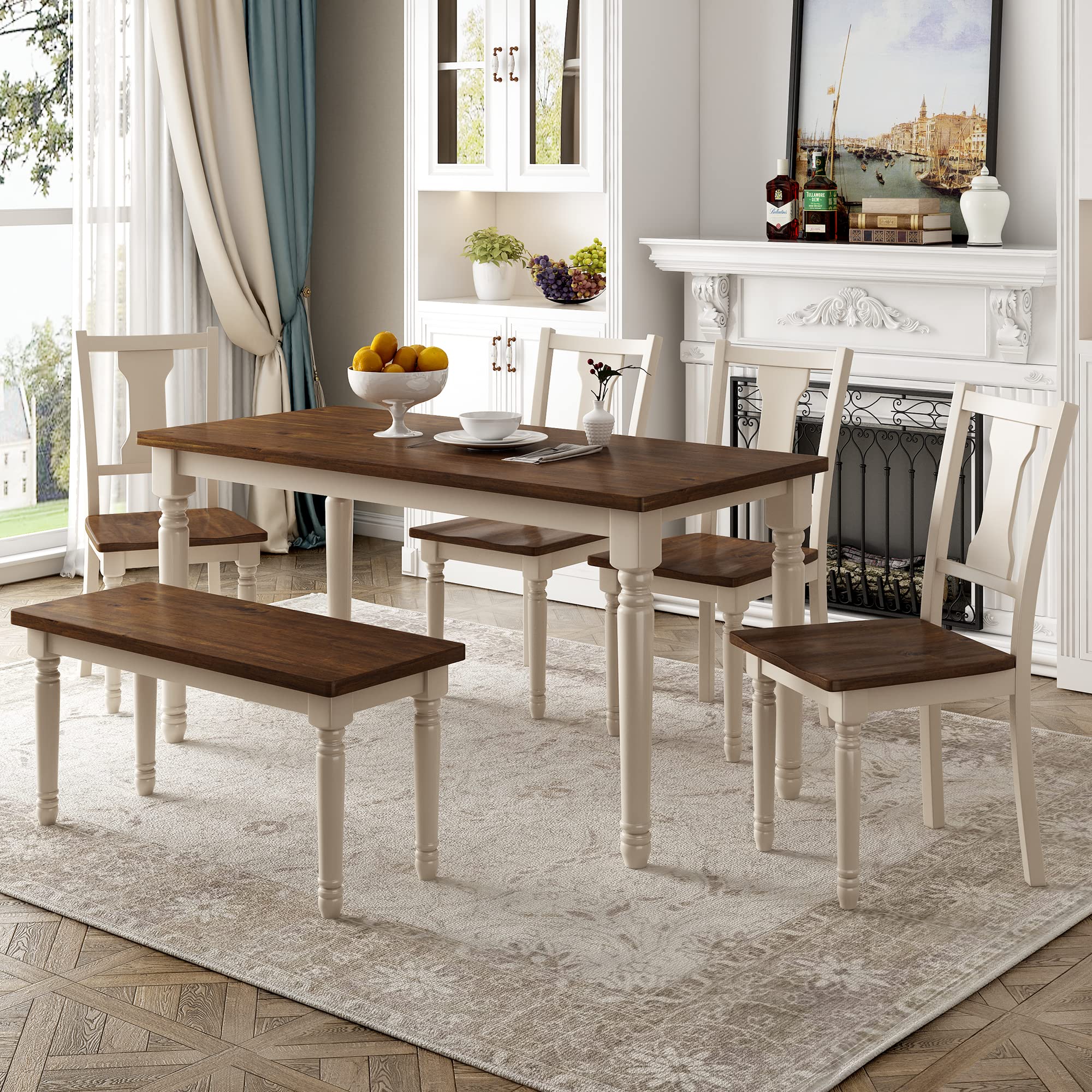 Merax 6-Piece Classic Wooden Dining Table Set with 4 Chairs and Bench - Brown & Cottage White - Perfect for Kitchen, Dining Room, Family Gatherings, and Small Spaces