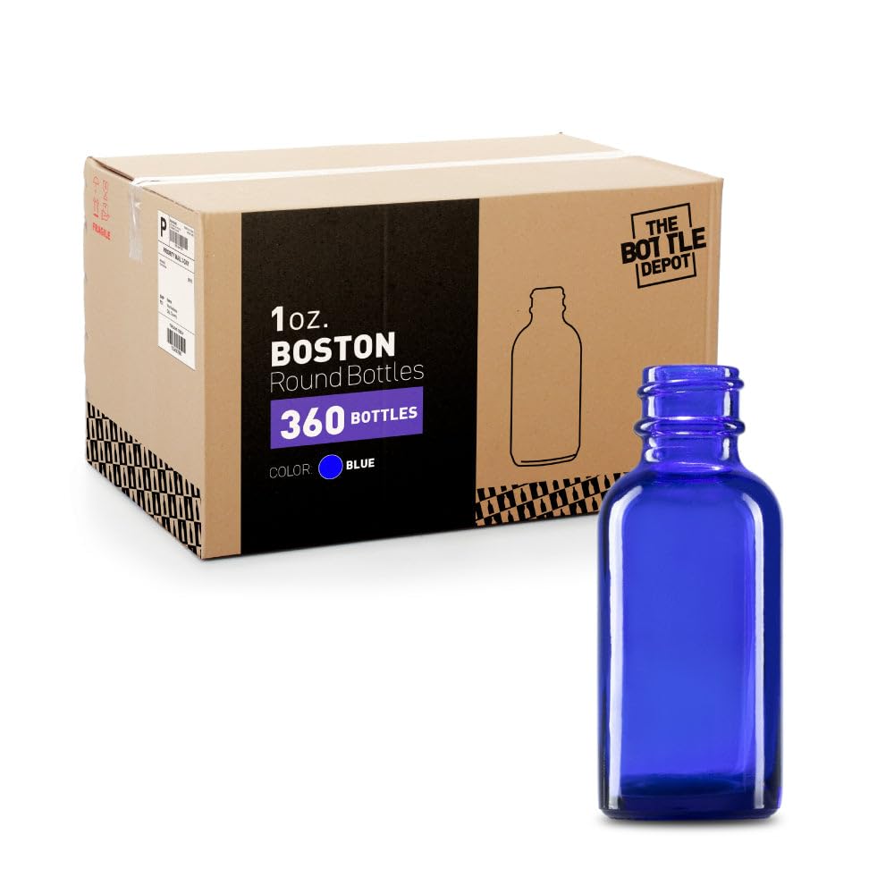 1 oz Blue Glass Boston Round Bottles - 360 Pack - 20-400 Neck Finish (Closures Not Included) - Wholesale Bulk for Essential Oils, DIY Crafts, and Home Brewing
