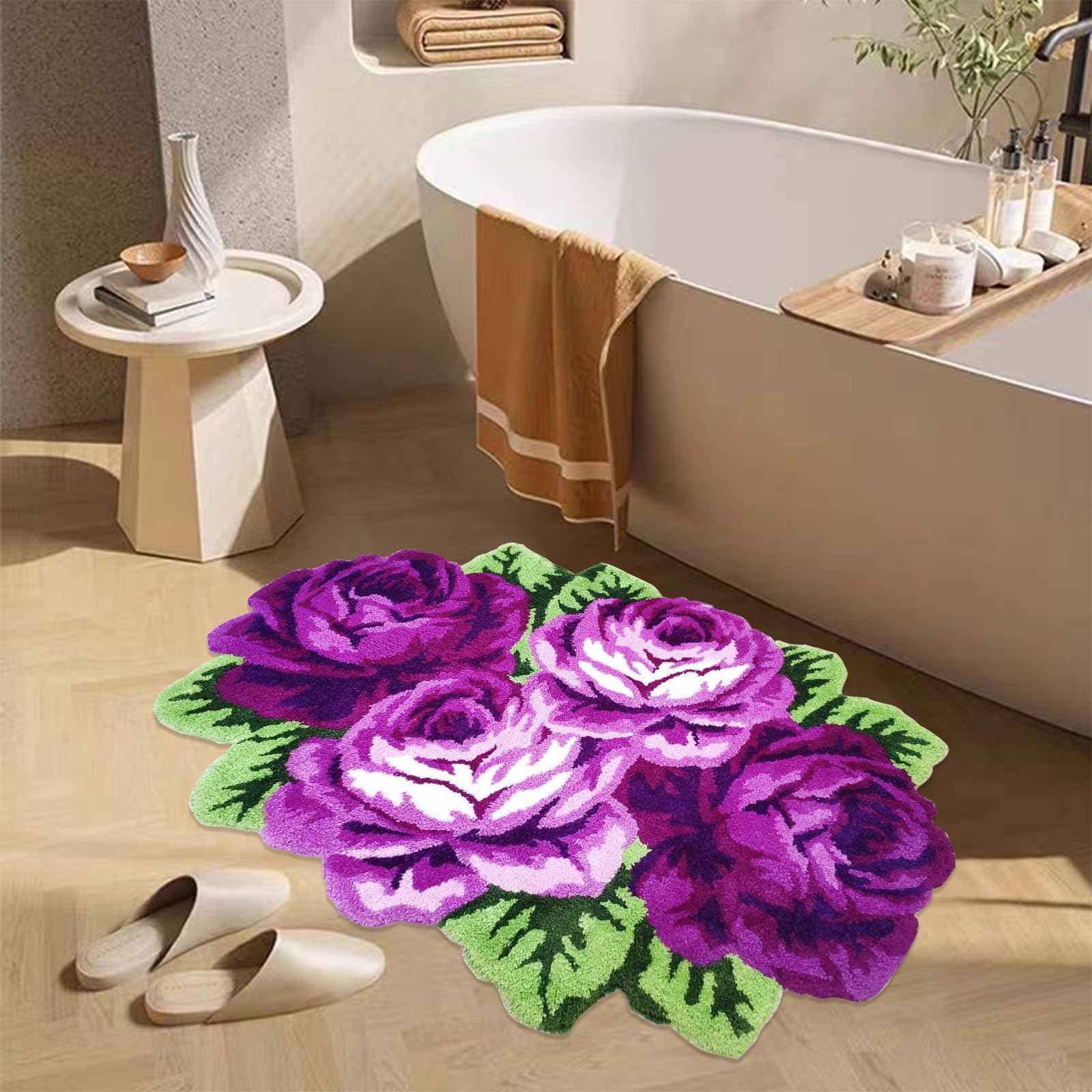 ABREEZE 4 Rose Handmade Floral Rug - Non-Slip Washable Modern Carpet in Blue & Purple | Perfect for Bedroom, Living Room Sofa & Bathroom Floor Decor