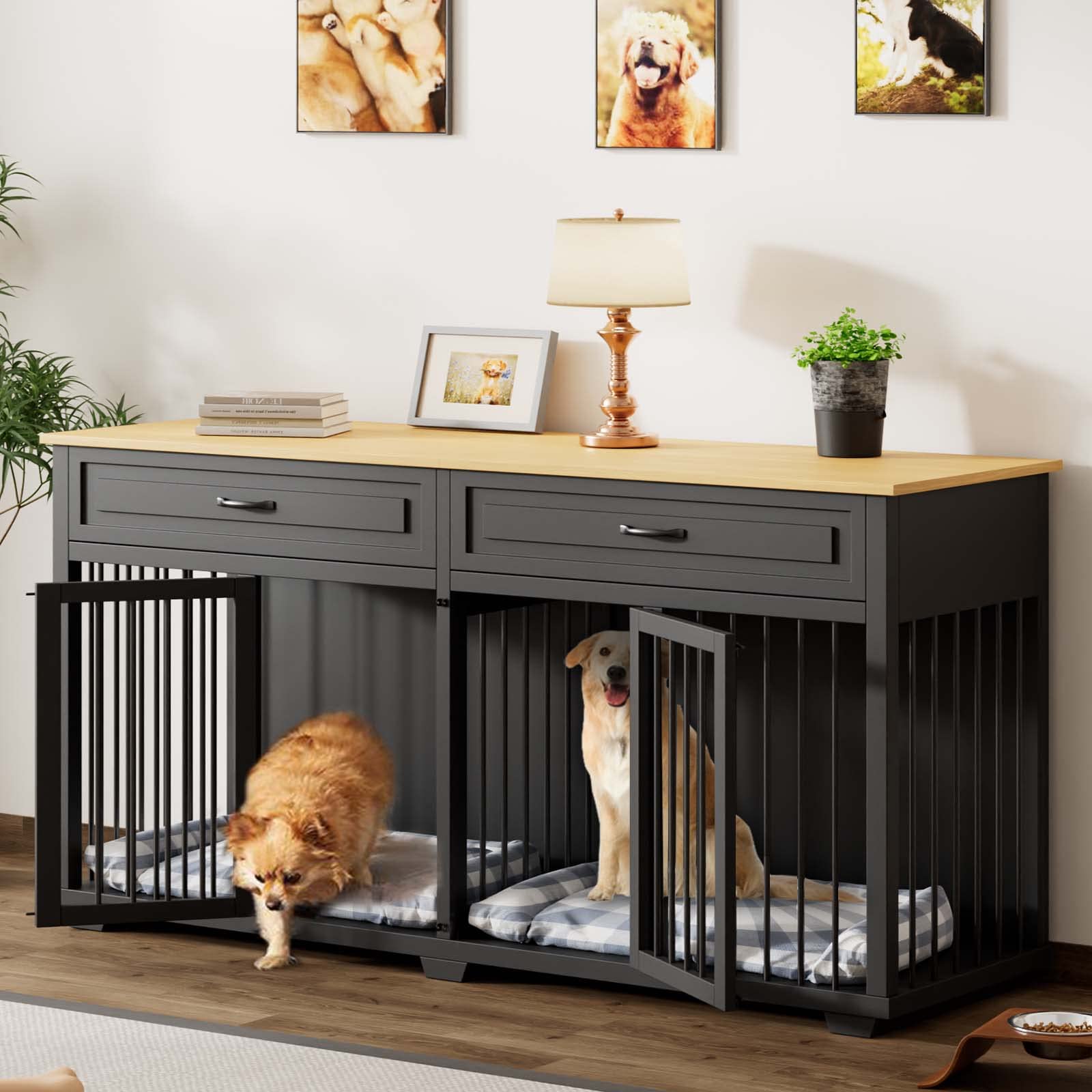 Lovinouse 73 Inch Heavy Duty Wooden Dog Crate with Double Room & Removable Divider - Furniture Style Dog Kennel House for Small, Medium, Large & X-Large Dogs - Black - Perfect as TV Stand or Entertainment Center for Living Room & Bedroom
