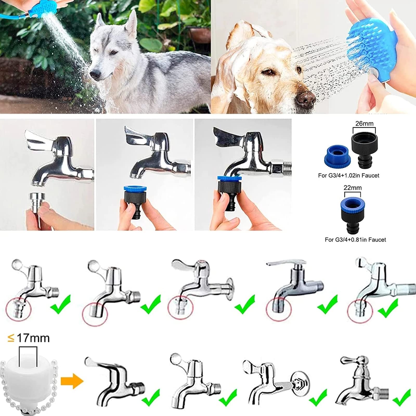 Dog Shower Attachment with Sprayer & Scrubber - All-in-One Pet Grooming Tool for Dogs & Cats | Indoor/Outdoor Bathing Accessory with 8-Ft Hose & Shower Adapters | Perfect for Home Bathing, Professional Grooming & Outdoor Cleaning