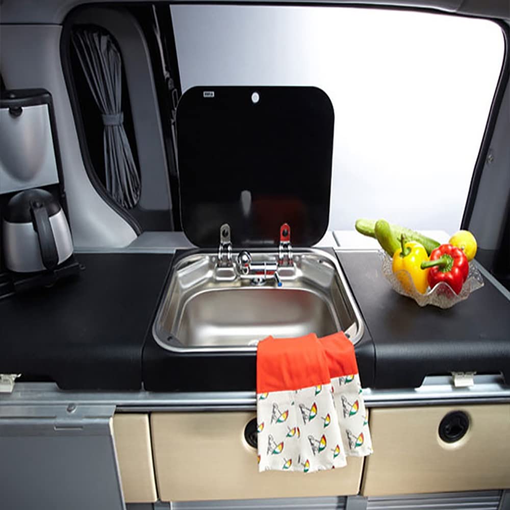 **Stainless Steel RV Sink with Folding Lid & Tempered Glass Cover - Kitchen Sink Faucet for RV, Caravan, Boat, or Bar - Perfect for Compact Spaces & Outdoor Hand Washing**